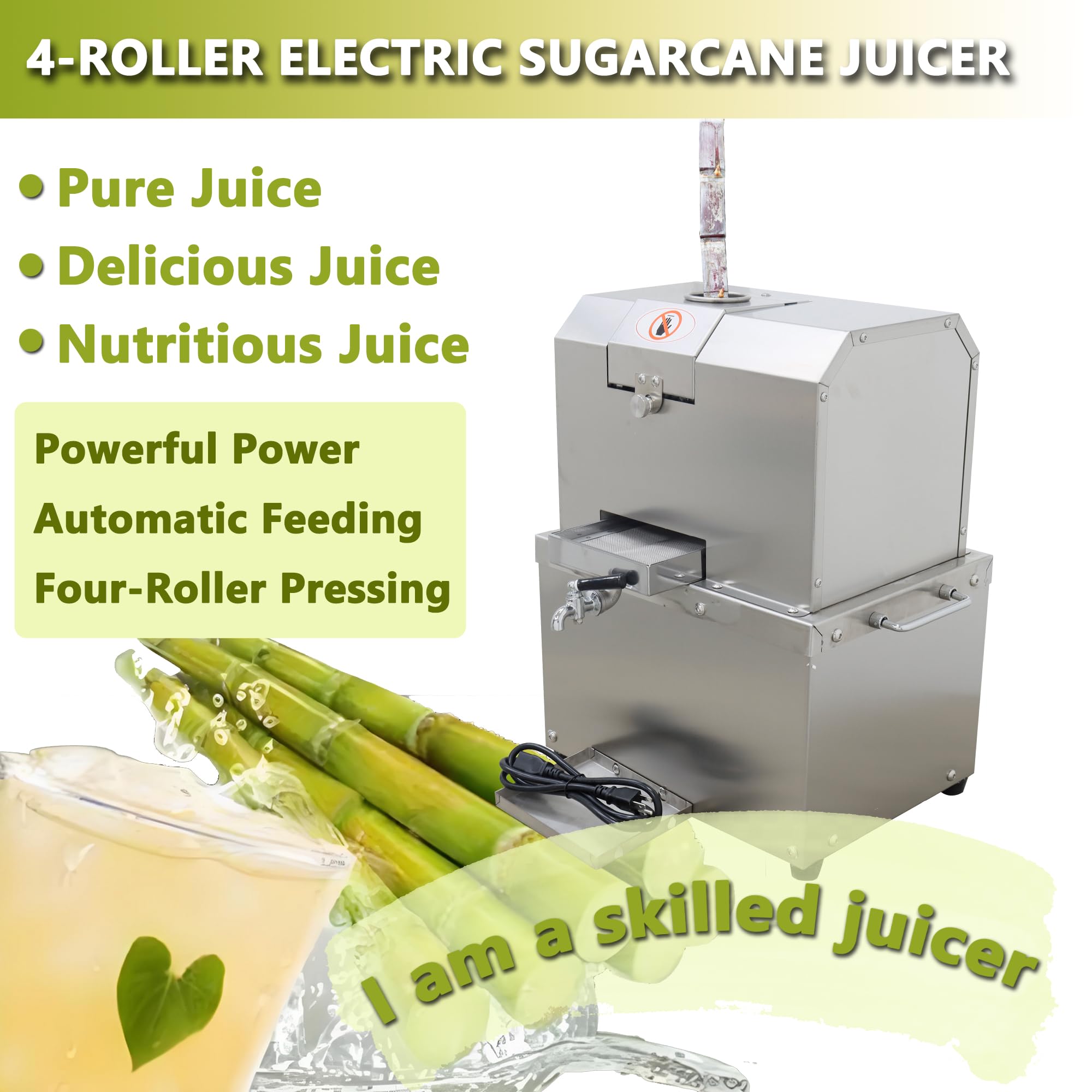 Electric 4-Roller Desktop Sugarcane Juicer, 1500W 110V Stainless Steel Sugar Cane Press, Commercial Sugar Cane Juice Extractor Machine with High Output 660LB/H for Home & Commercial Use