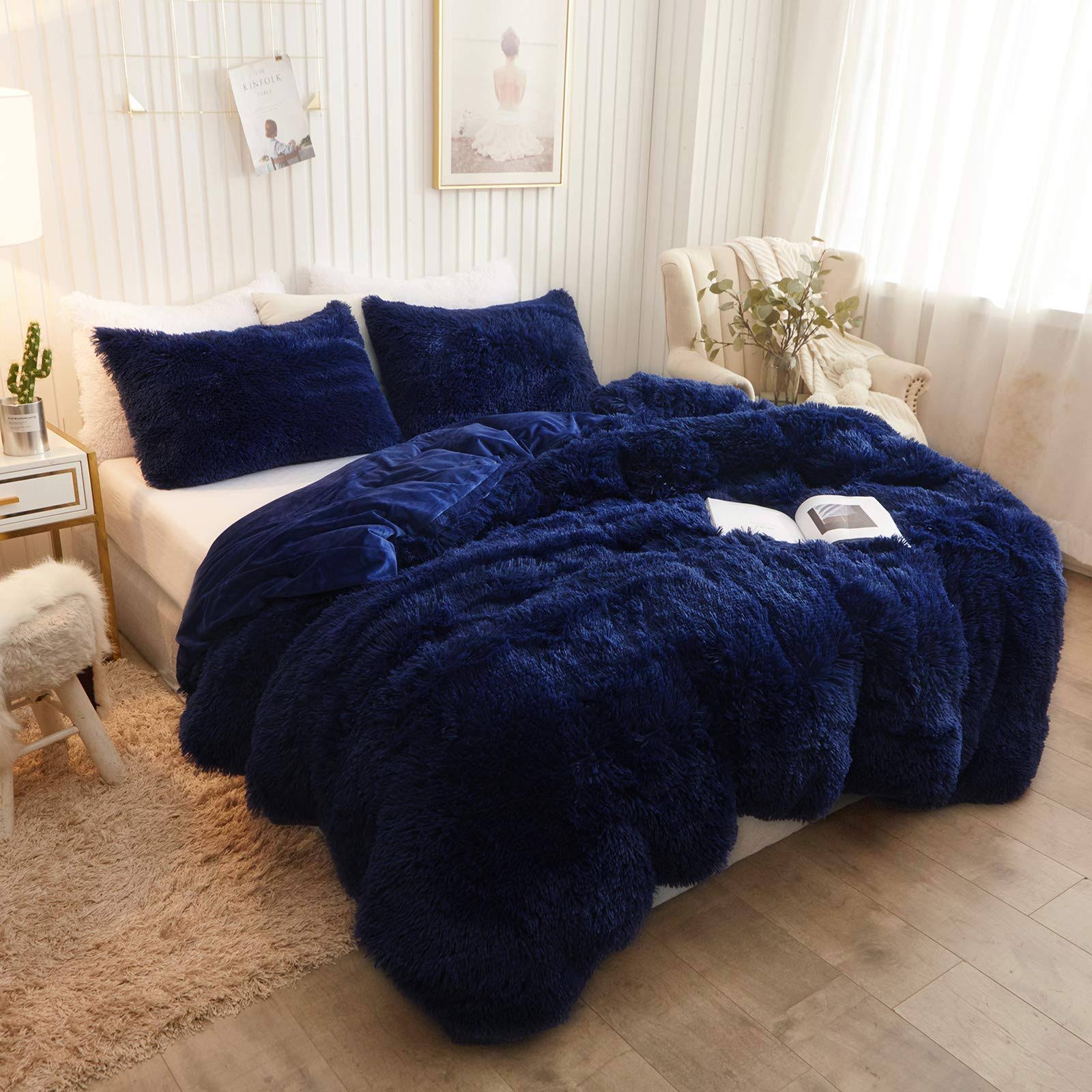 XeGe Plush Shaggy Duvet Cover Luxury Ultra Soft Crystal Velvet Bedding Set 1PC(1 Faux Fur Duvet Cover),zipper Closure(queen,navy Blue)