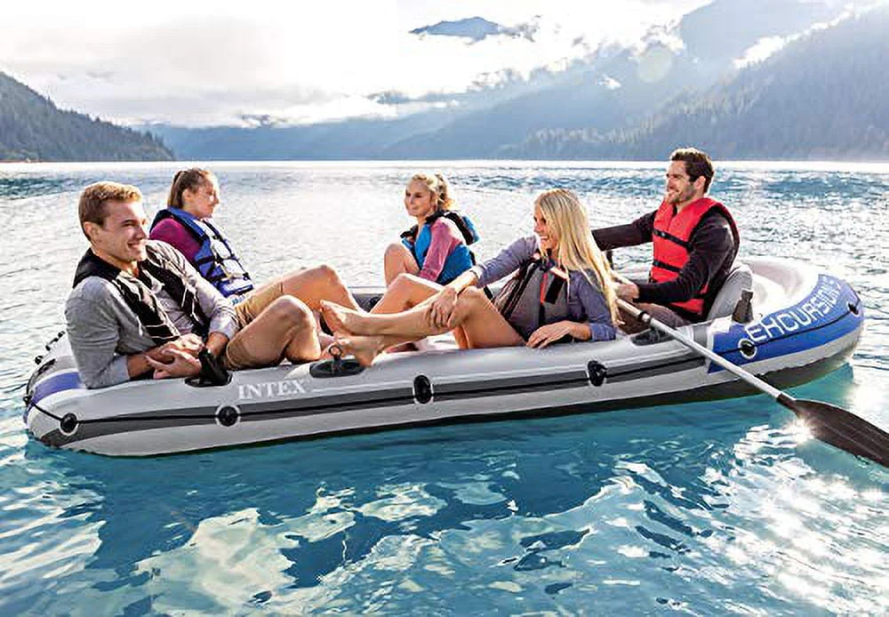 Intex 68325EP Excursion Inflatable 5 Person Heavy Duty Fishing Boat Raft Set with 2 Aluminum Oars High Output Air Pump for Lakes Mild Rivers, Gray Image 5