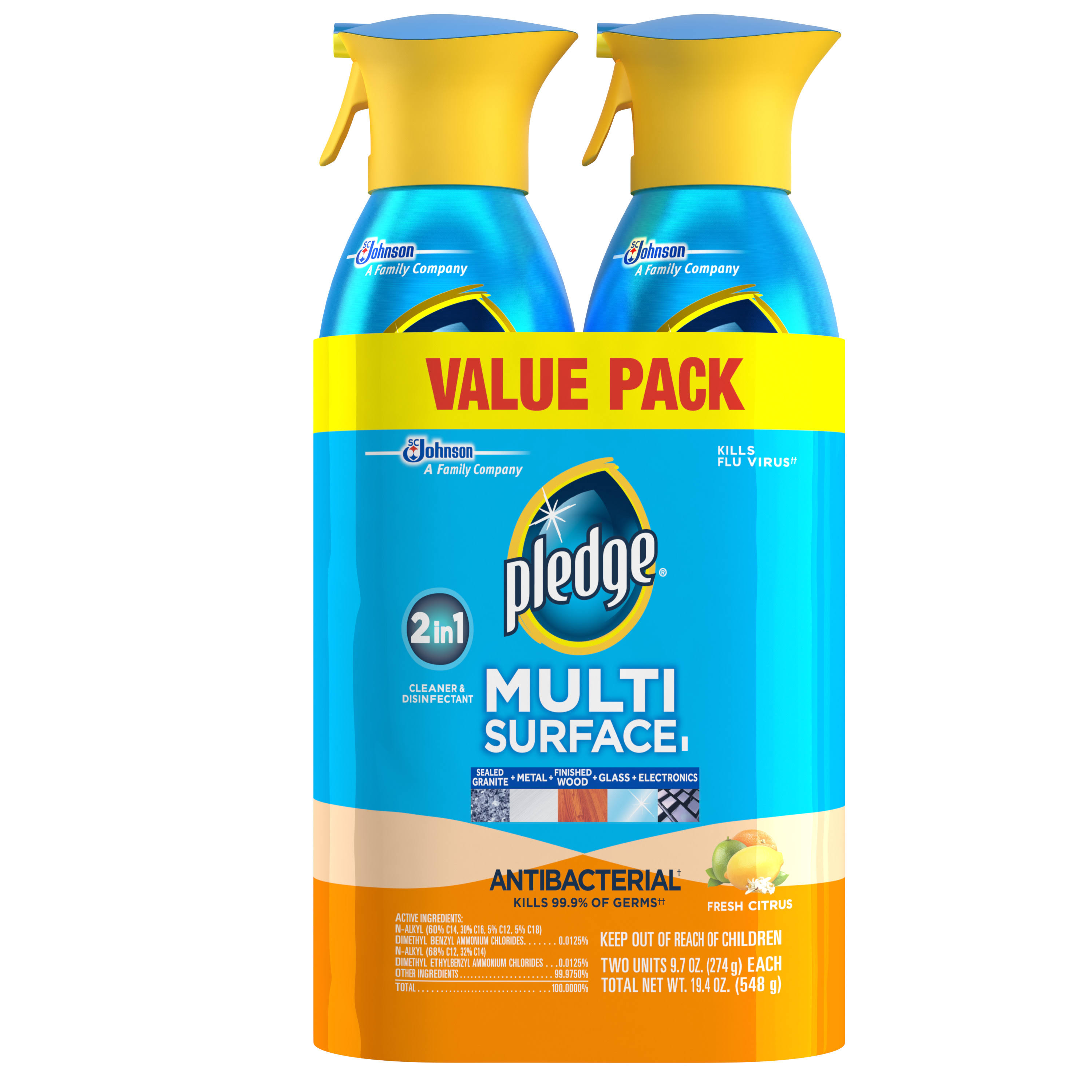 Pledge Antibacterial Multisurface Cleaner, Fresh Citrus, 2 ct, 9.7 oz