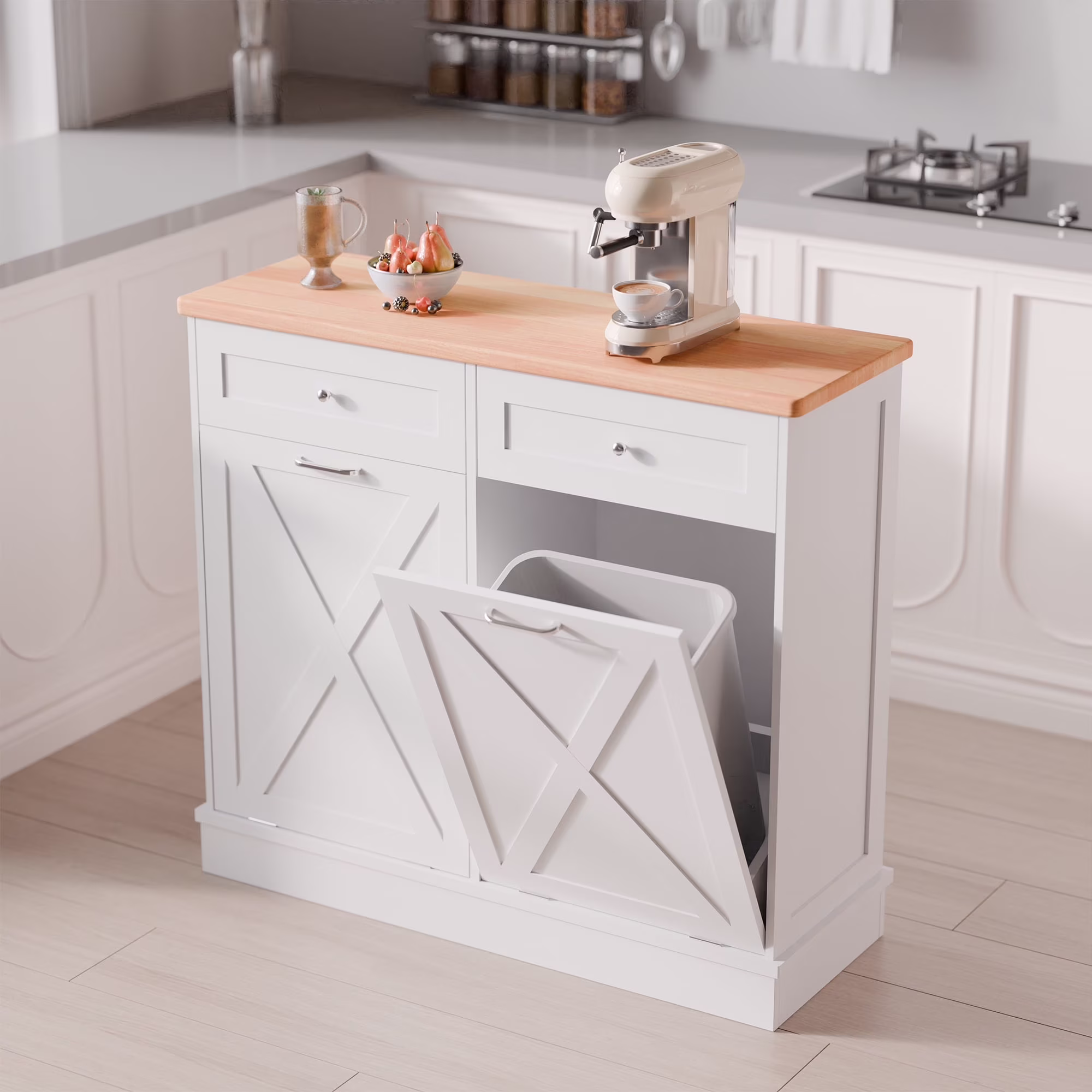 Double Tilt Out Trash Cabinet, Wooden Free Standing Laundry Sorter Cabinet, with Hideaway Drawer, White(White/20 gal)