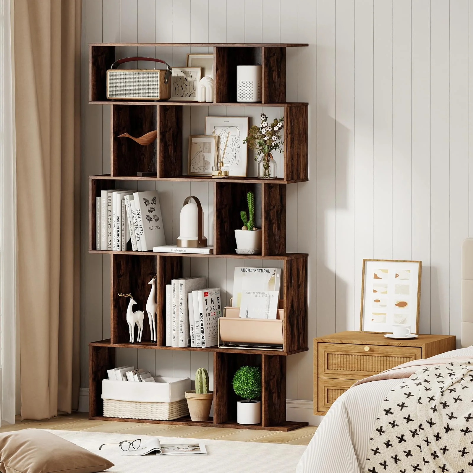 Tangkula Geometric Bookshelf 5-Tier Bookcase with Open Shelves and Closed-back Cubes