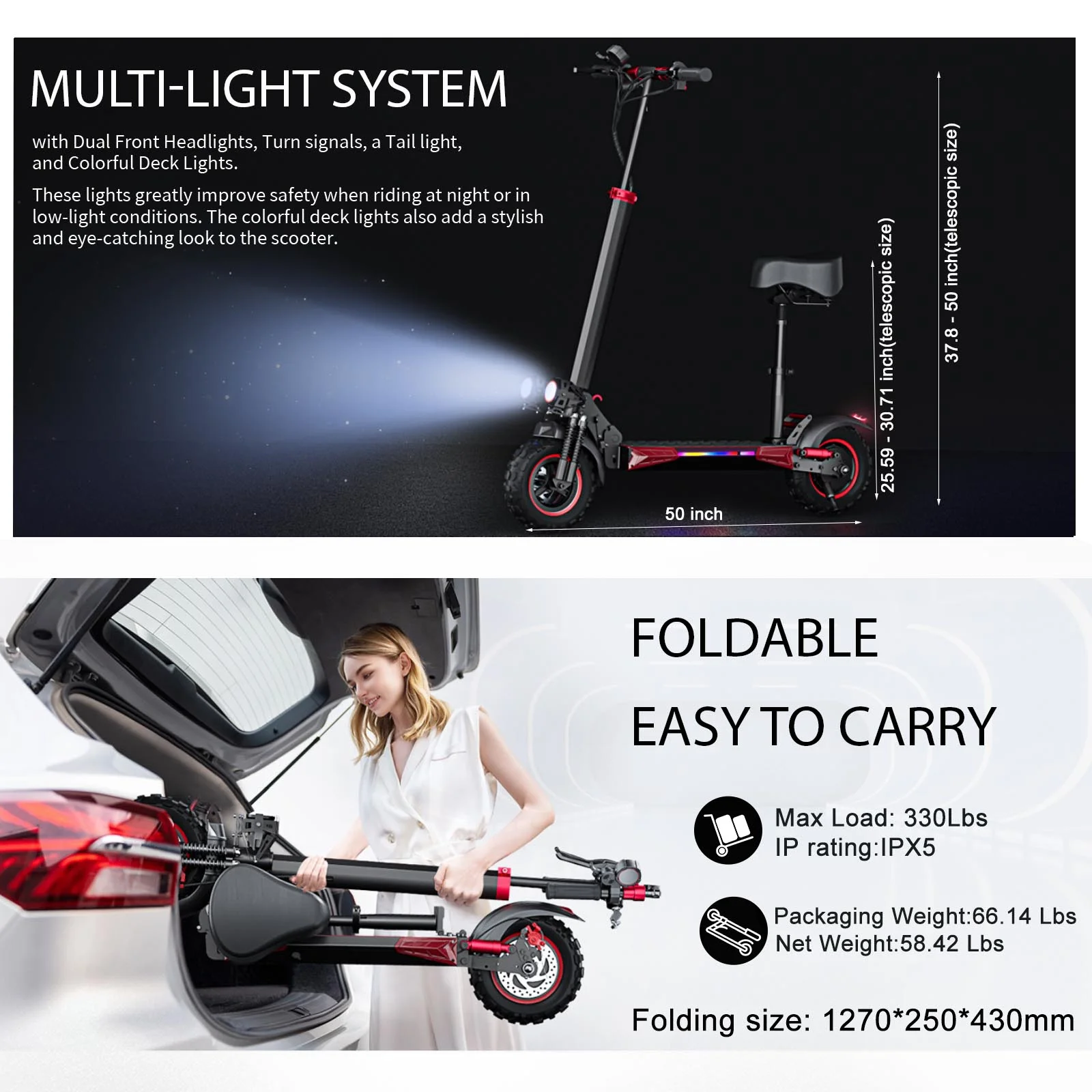 11'' Offroad Electric Scooter for Adult with Seat��1200W Motor up to 34MPH,30-34Miles Long Range Fast Electricscooter��48V 21Ah Foldable Escooter - Image 6