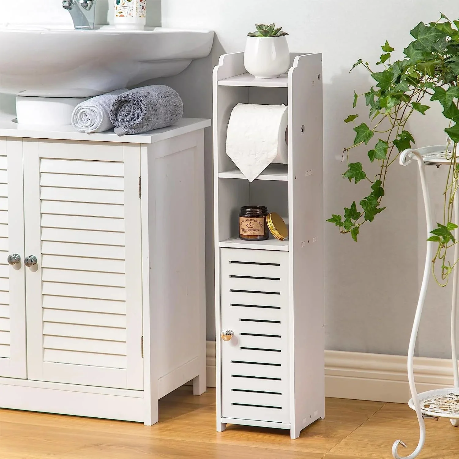 Toilet Paper Holder Stand, Storage Cabinet Beside Toilet for Small Space Bathroom