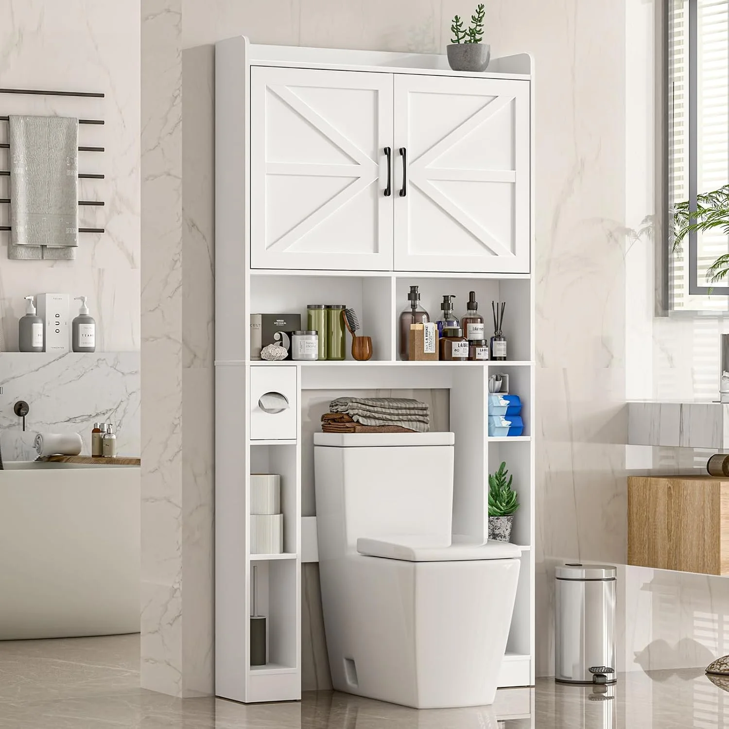 Over The Toilet Storage Cabinet with Toilet Paper Holder Stand, Above Toilet with Adjustable Shelf 2 Doors(Unique White) - Image 10