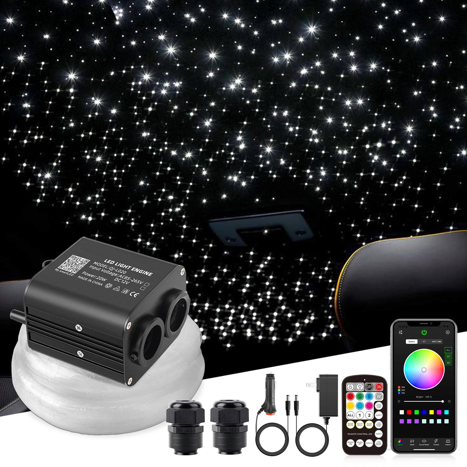 SUNKENET 20W Twinkle LED Fiber Optic Lights, Starlight Headliner Kit for Car Roof Decoration, Fiber Cable 400pcs of (0.03+0.04+0.06in)*9.8ft Star
