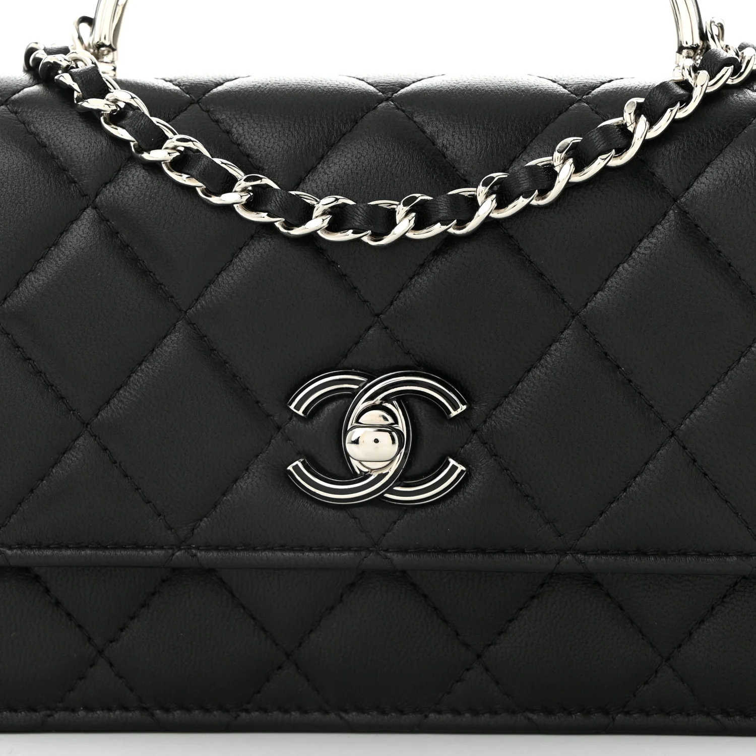 Lambskin Quilted Metal Top Handle Crossbody Flap Black