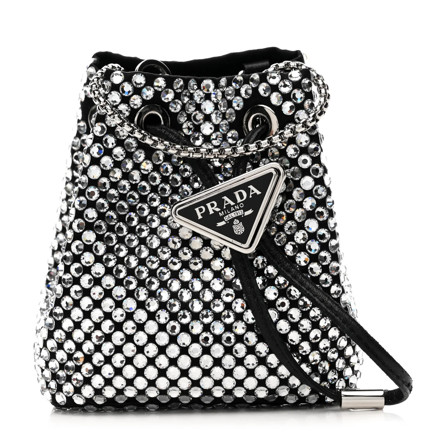 Satin Crystal Metal Triangle Logo Mini Drawcord Pouch Shoulder Bag Cristal