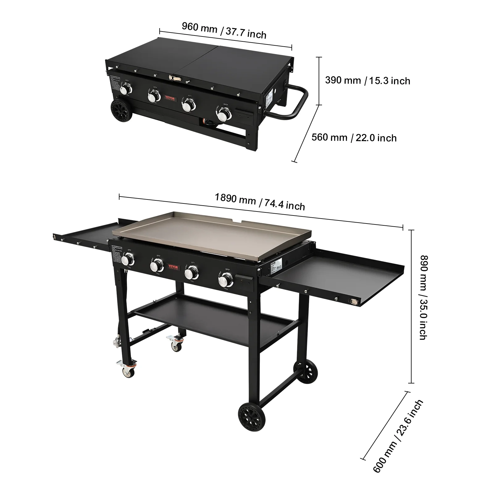 Commercial Griddle on Cart, 36" Heavy Duty Manual Flat Top Griddle, Outdoor Cooking Station with Side Shelves, Steel Natural Gas Griddle, 4-Burners Restaurant Portable Tested toStandards - Image 8