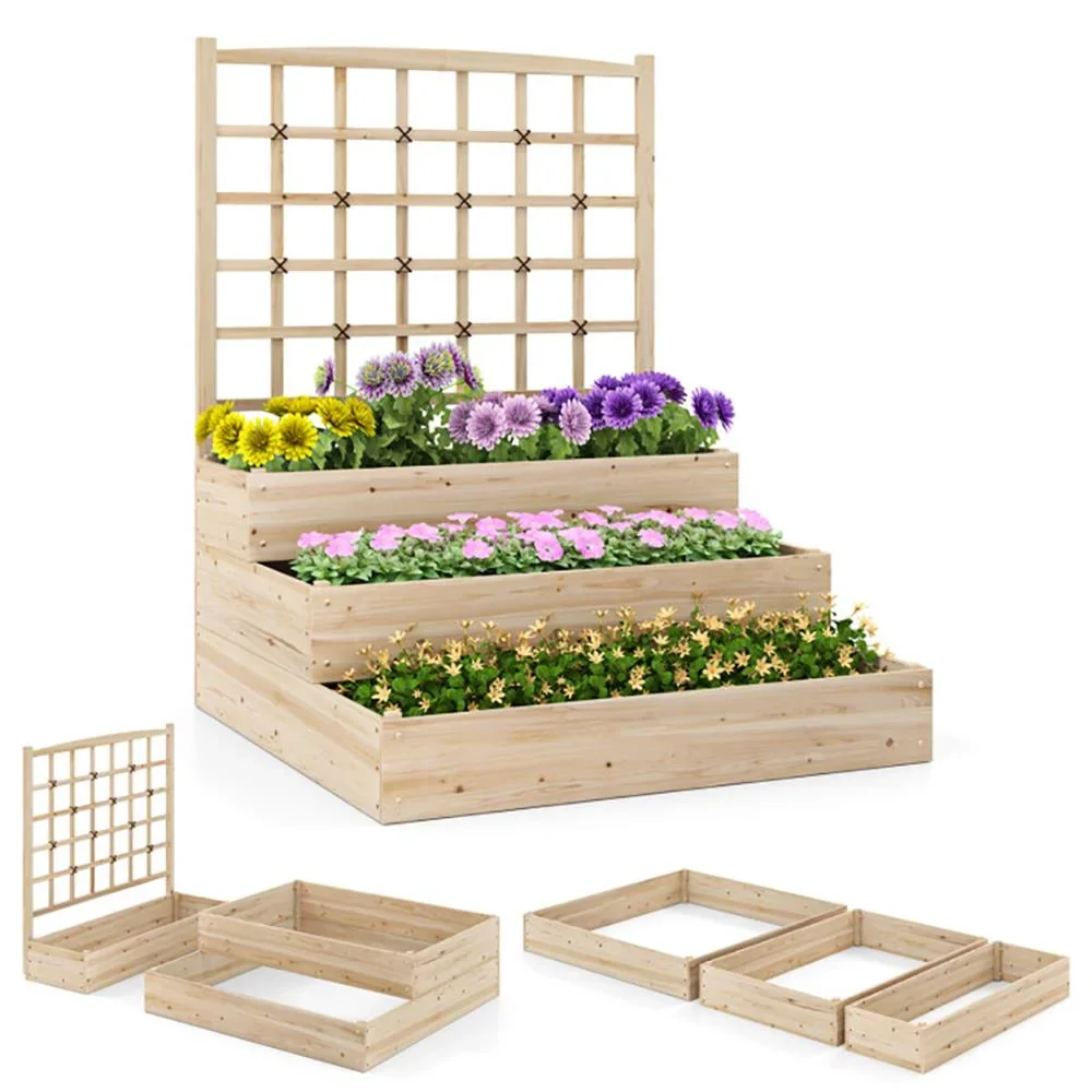 Aimee Lii 3-Tier Raised Garden Bed with Lattice Trellis and Open-Ended Base for Garden Decoration-Natural