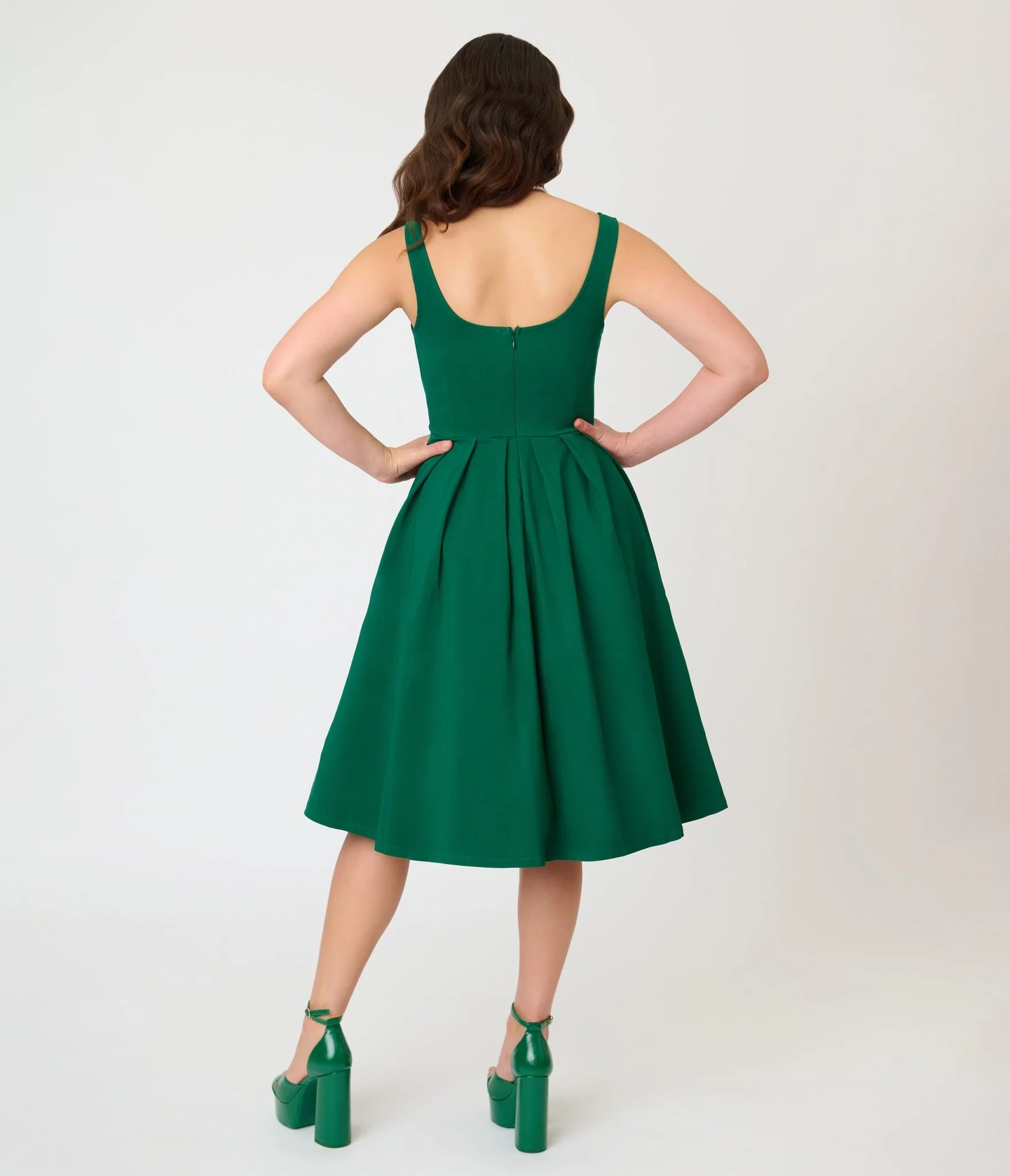 Unique Vintage Emerald Green Square Neck Pleated Swing Dress