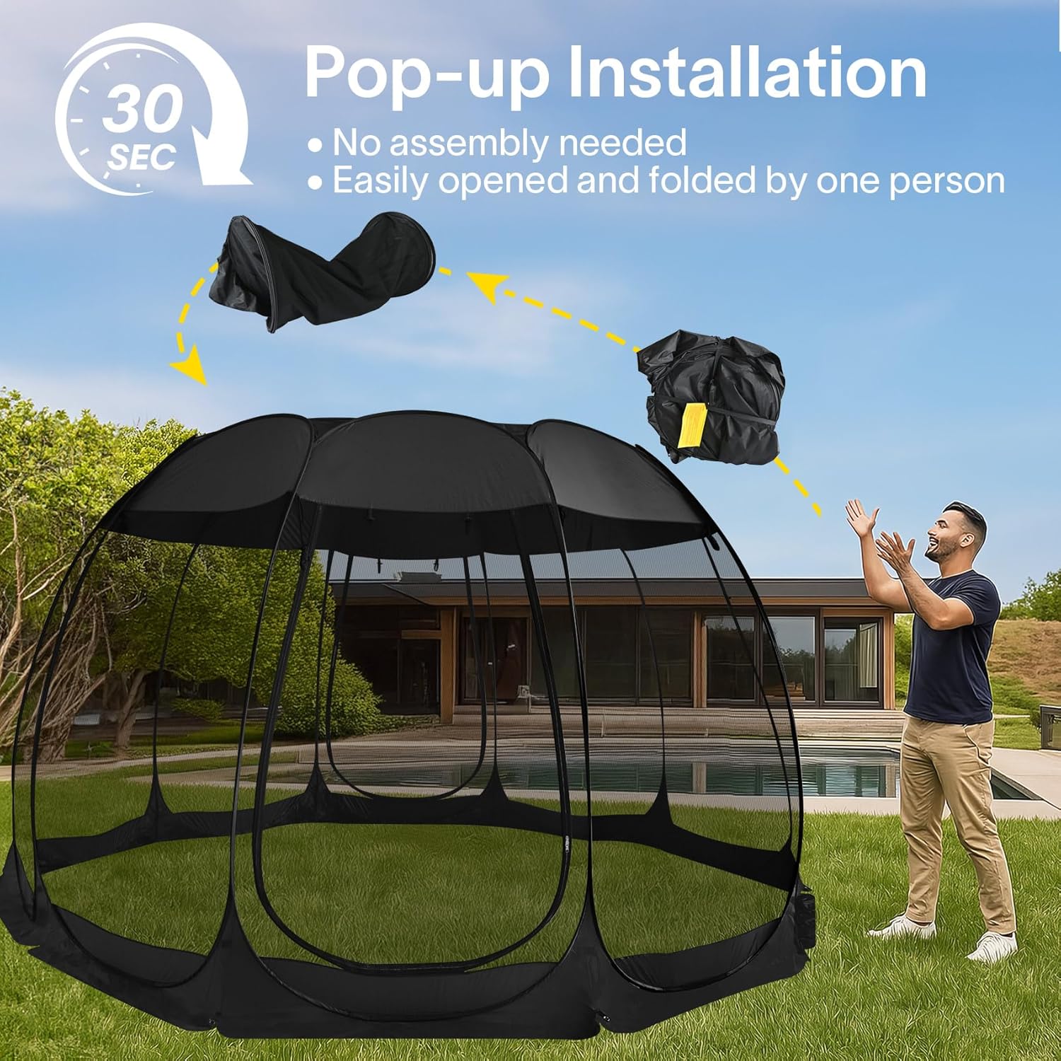 Gazebo moustiquaire pouvant accueillir 6, 10 ou 15 personnes. Tente de style igloo avec moustiquaire latérale. Idéal