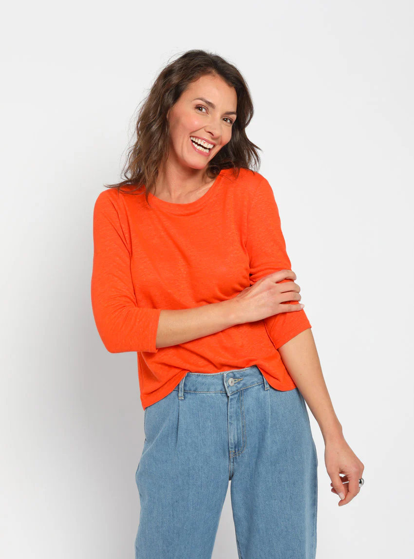 Tee-shirt femme en lin manches 3/4 orange agrume
