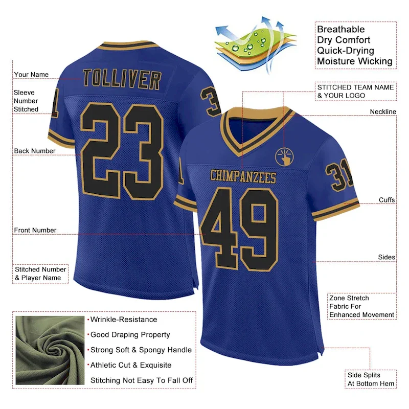 Custom Royal Black-Old Gold Mesh Authentic Throwback rugby jersey