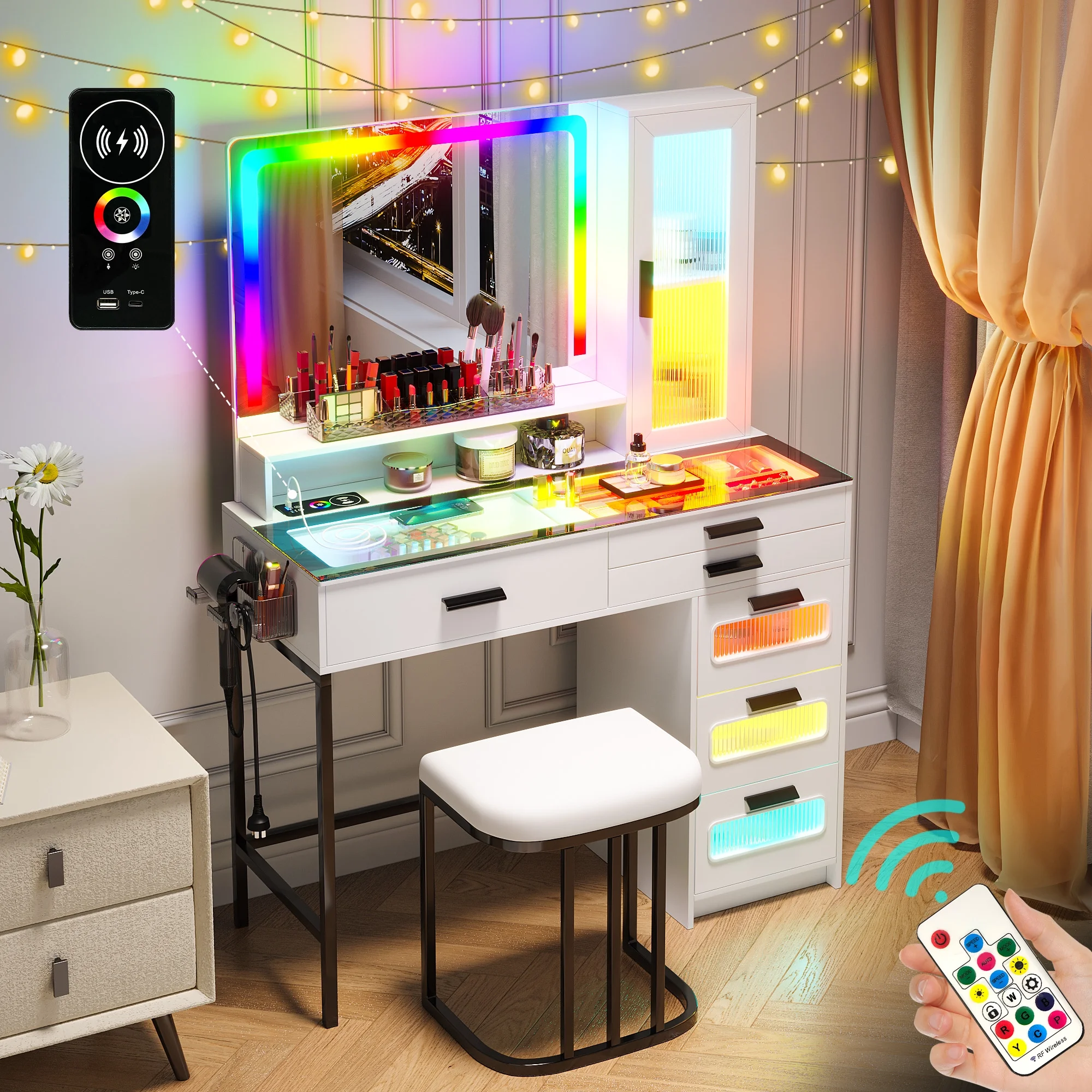 Vanity Desk with Mirror and RGB Lights, Glass Top Makeup Vanity with Auto Sensor Lights and Wireless Charging, Vanity Table Set with Cushion Stool, Dressing Table with 6 Drawers (White)(White) - Image 10