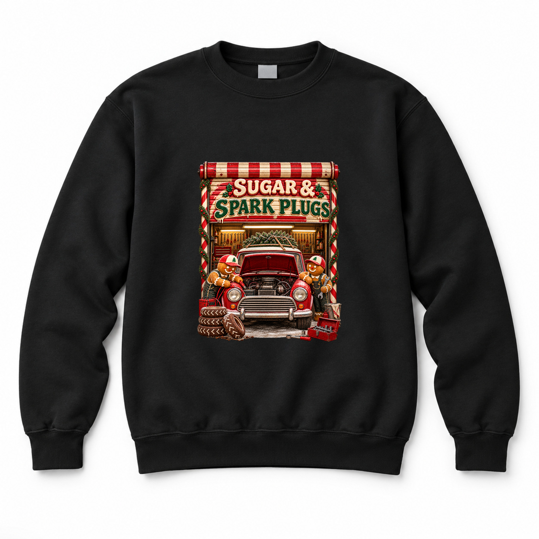 Sugar and Spark Plugs Gingerbread Garage Crewneck Sweatshirt