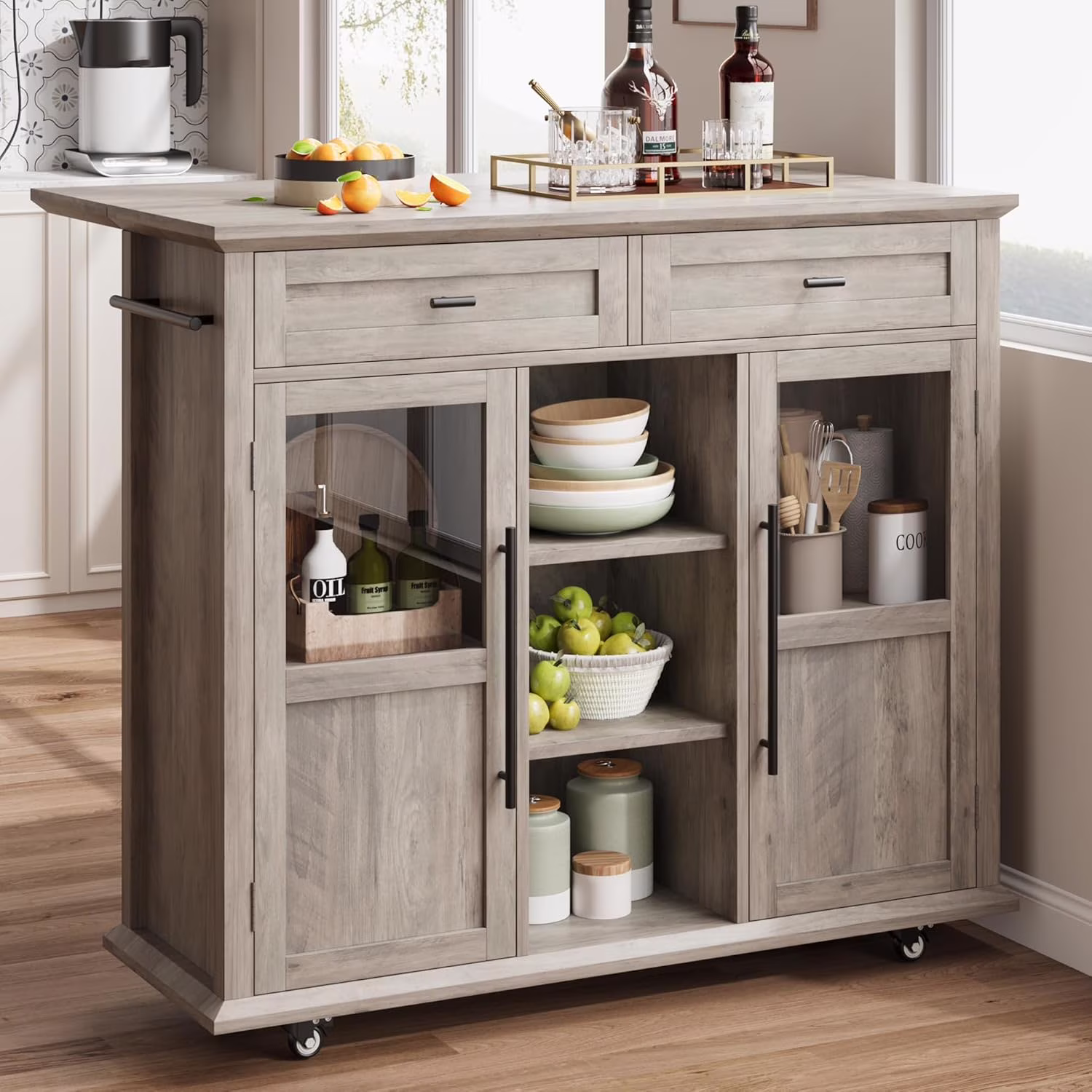 Foldable Kitchen Island Cart with Wheels, 2 Glass Doors, Spice Rack Towel Holder �C Compact Mobile Storage Cart for Small Kitchens, Dining Rooms, Camping RVs Grey(Grey)