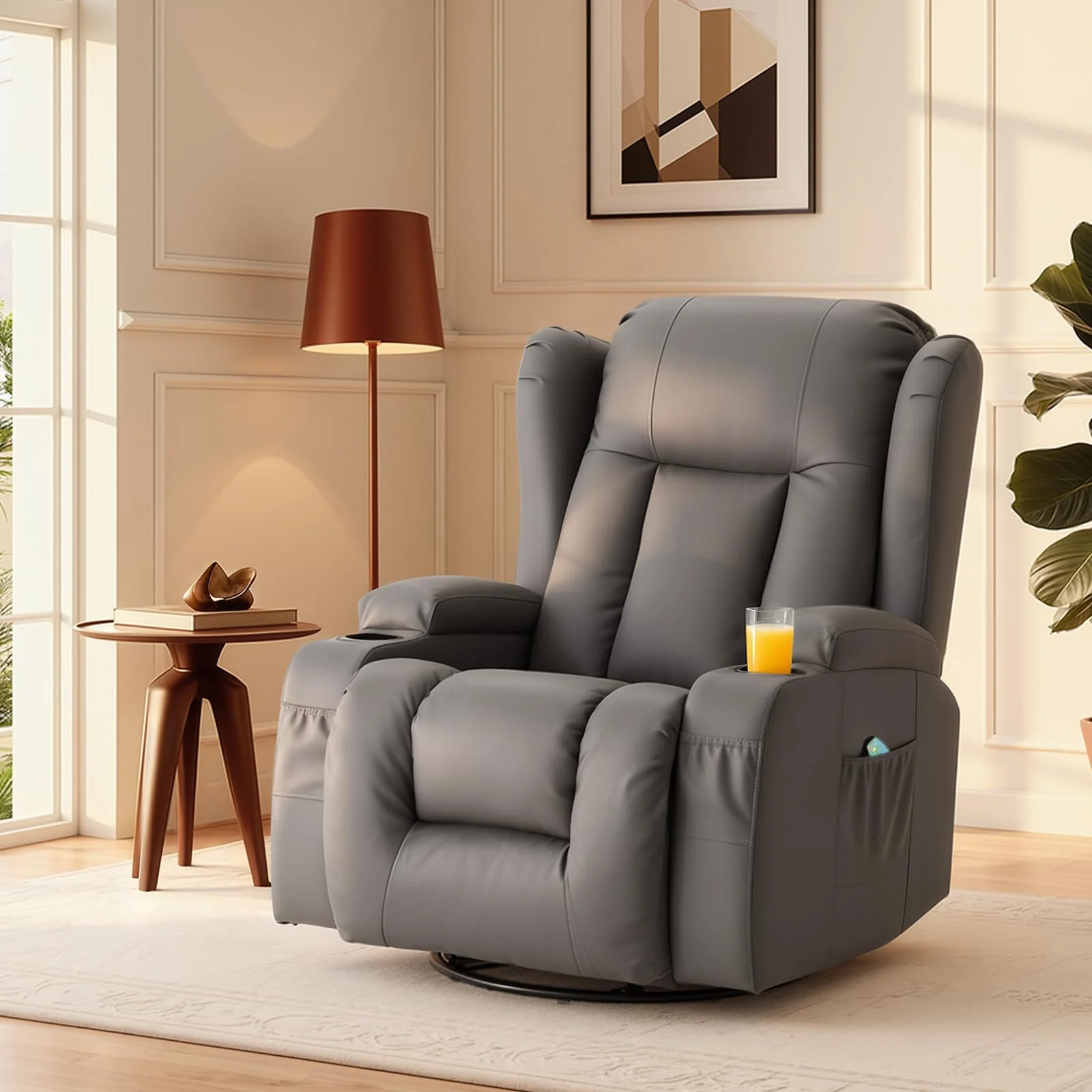 AECOJOY Recliner Chair with Massage and Heat, 360° Swivel Rocking, Grey
