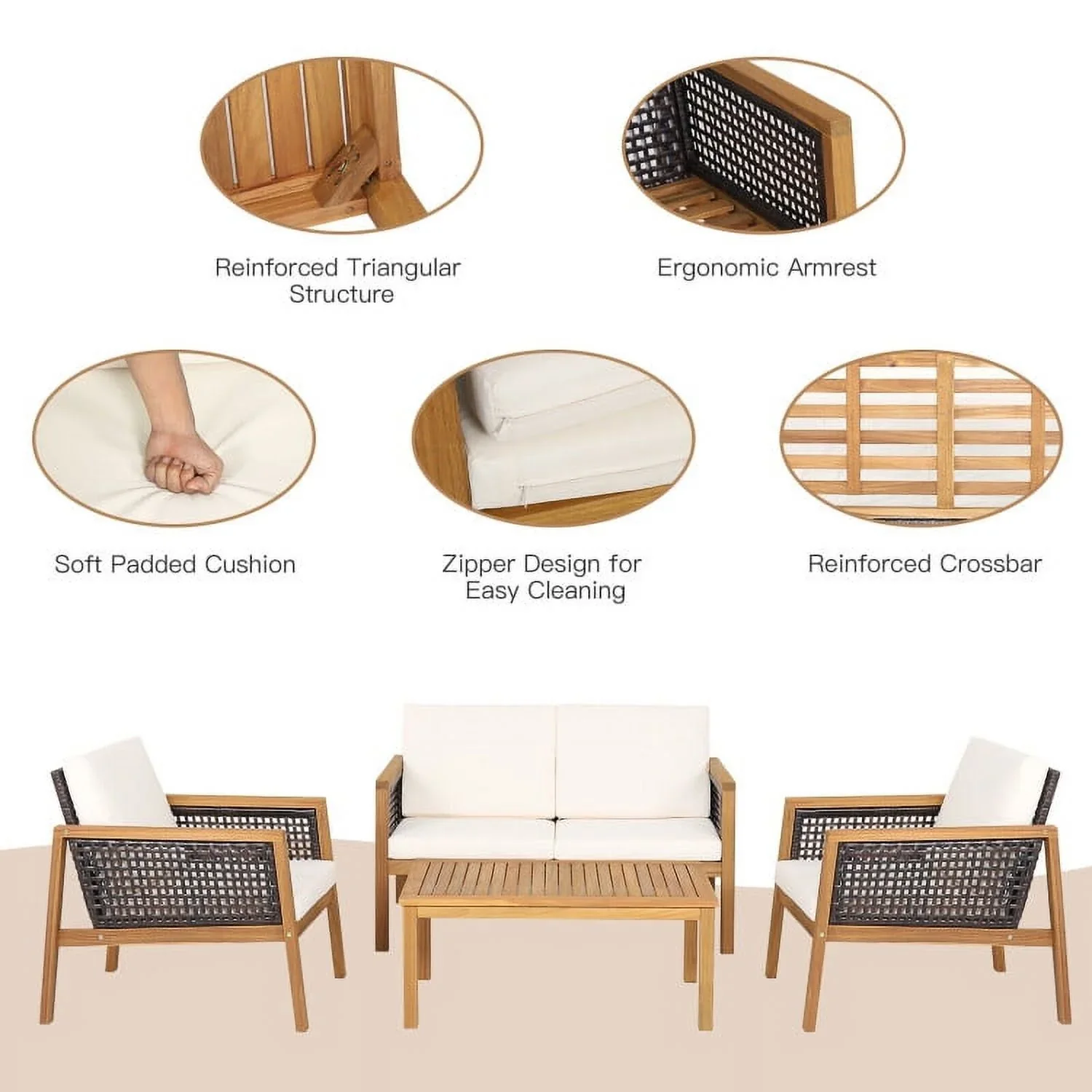 Kadyn Garden Conversation Table Set, Conversation Loveseat Chairs Set, 4 Pieces Patio Rattan Furniture Set with Removable Cushions-White