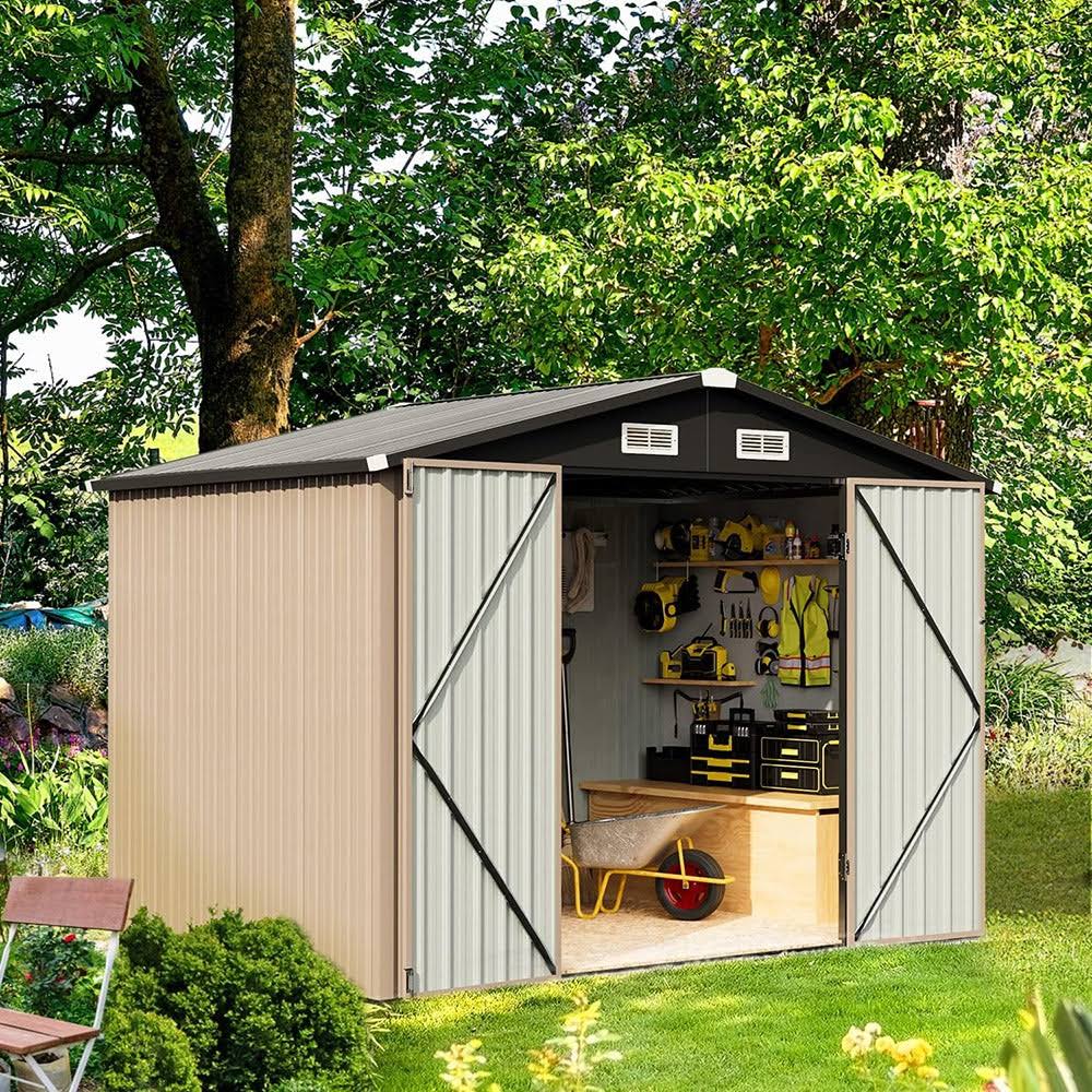 Aoxun Outdoor Storage Shed8x6 ft Garbage Canoutdoor Metal Shed for Toolgardenbike Brown, 8' x 6'