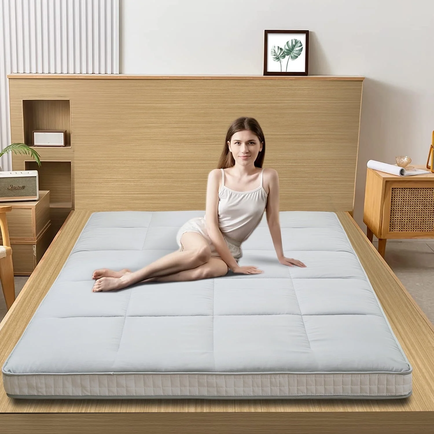 ABORON Japanese Floor Mattress,Futon Mattress, Extra Thick Folding Sleeping Pad, Tatami Mat Foldable Roll Up Mattress Gray, Full(Twin/Beige (2 Sided Use))