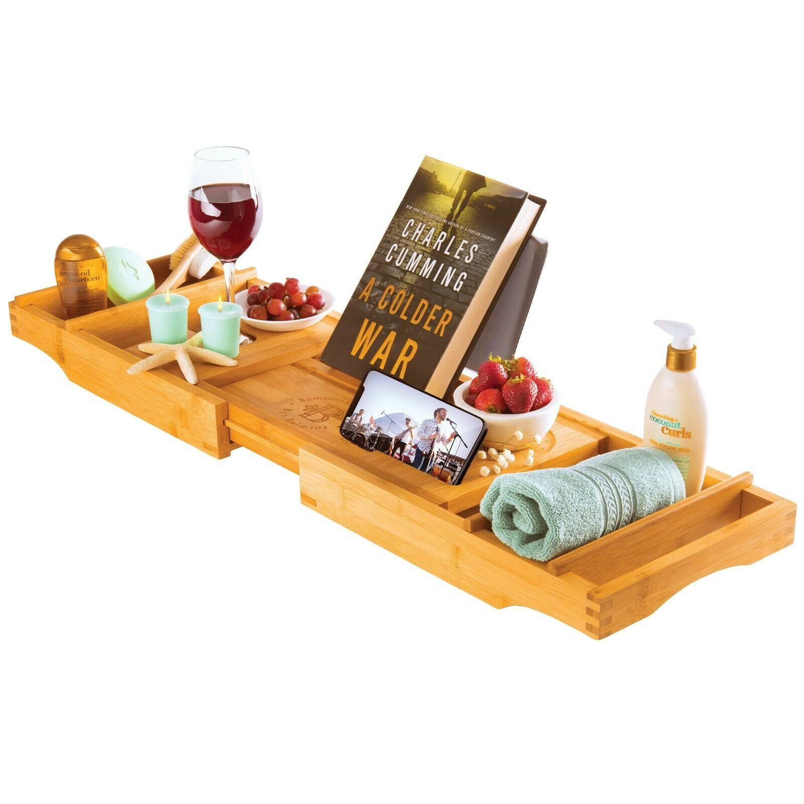 Luxury Bamboo Bathtub Caddy Tray, Expandable Sides Bath Caddy Tray (Book, Wine,