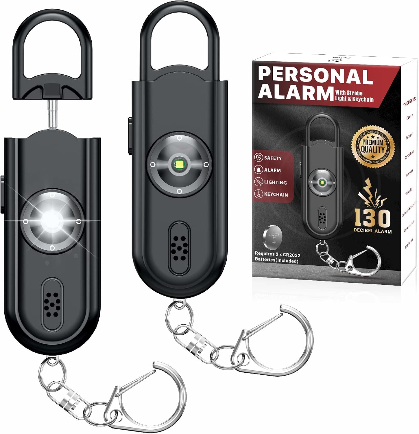 Personal Safety Alarm Keychain for Women 2PCS -130 dB Loud Siren with SOS Strobe Light, Flashlight, Double Speakers, Safe Defense Key Chain for Girls Kids Elders Emergency Call