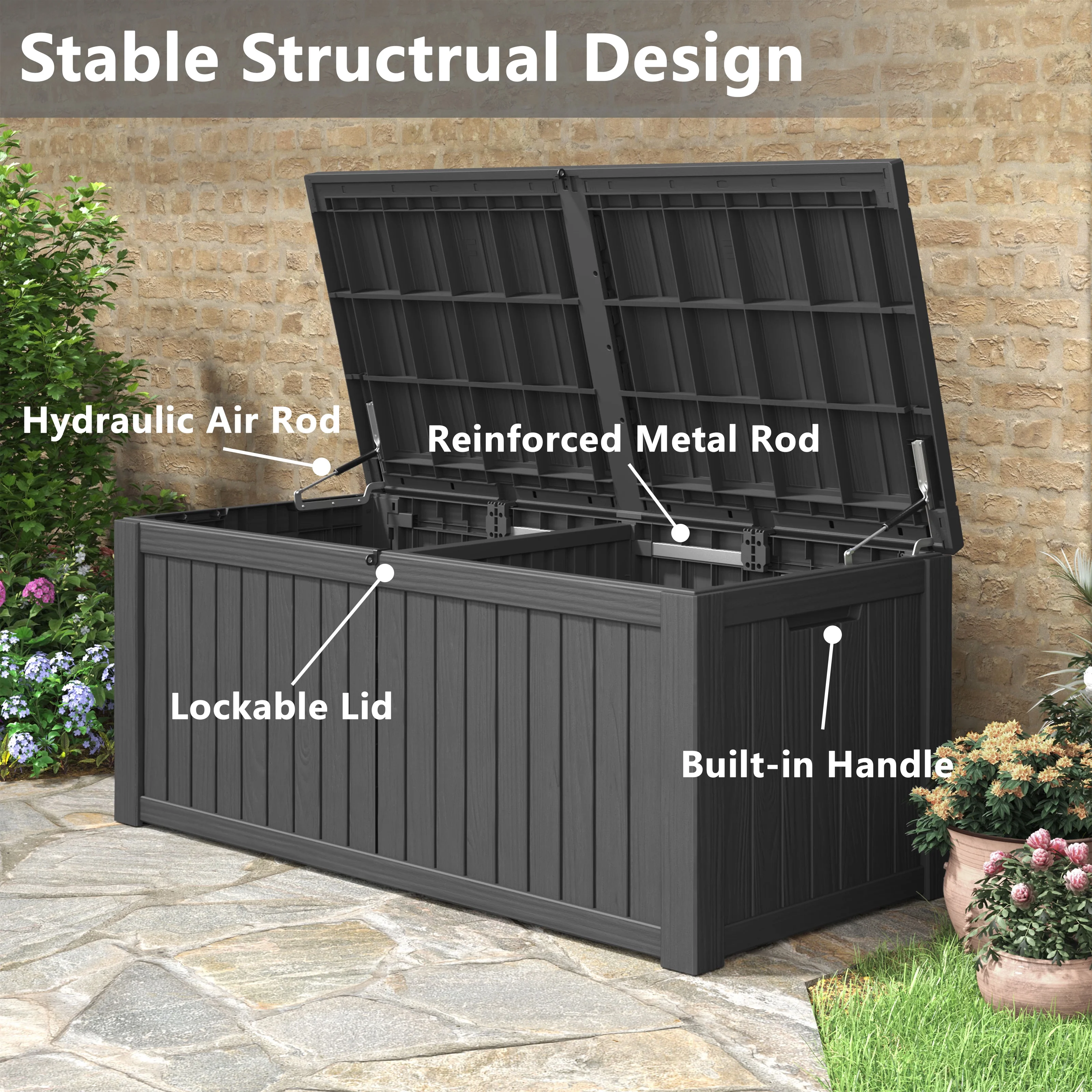 150 Gallon Deck Box, Outdoor Storage Box, Large Waterproof Resin Indoor Storage Box with Built-in Steel Beams for Patio, Cushions, Pool Supplies(150 gal/Black) - Image 5