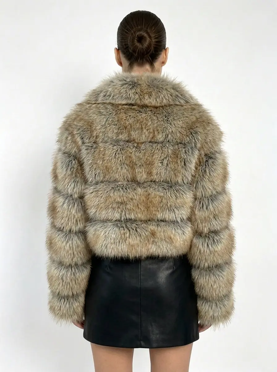 Back view of khaki short oversized lapel faux fur jacket