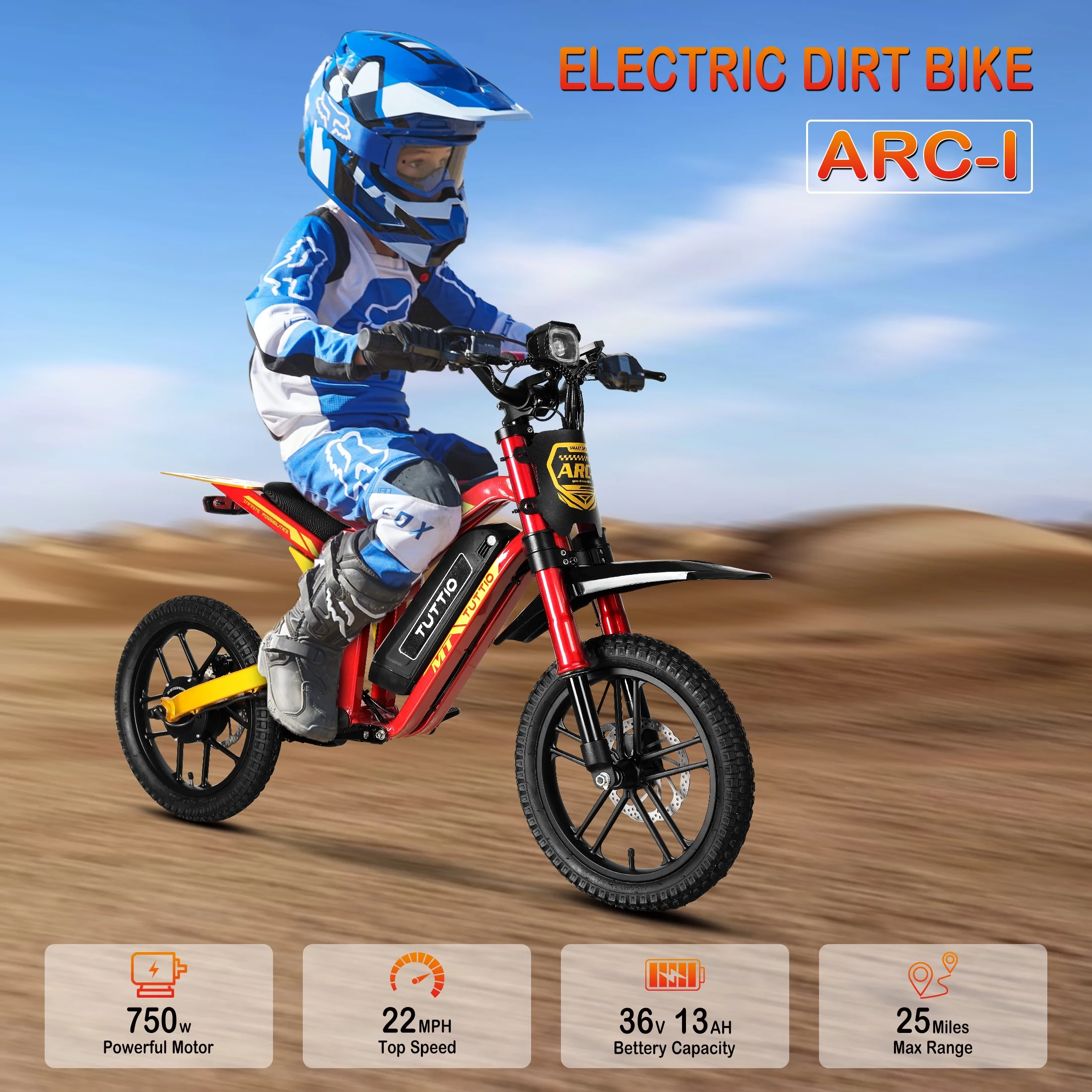 ARC-1 750W Mini Electric Dirt Bike for Kids 8-14, 5-Speed Modes Electric Motorcycle, 22MPH, 16" Tires, 36V Battery, 25 Miles Range(Gold) - Image 3