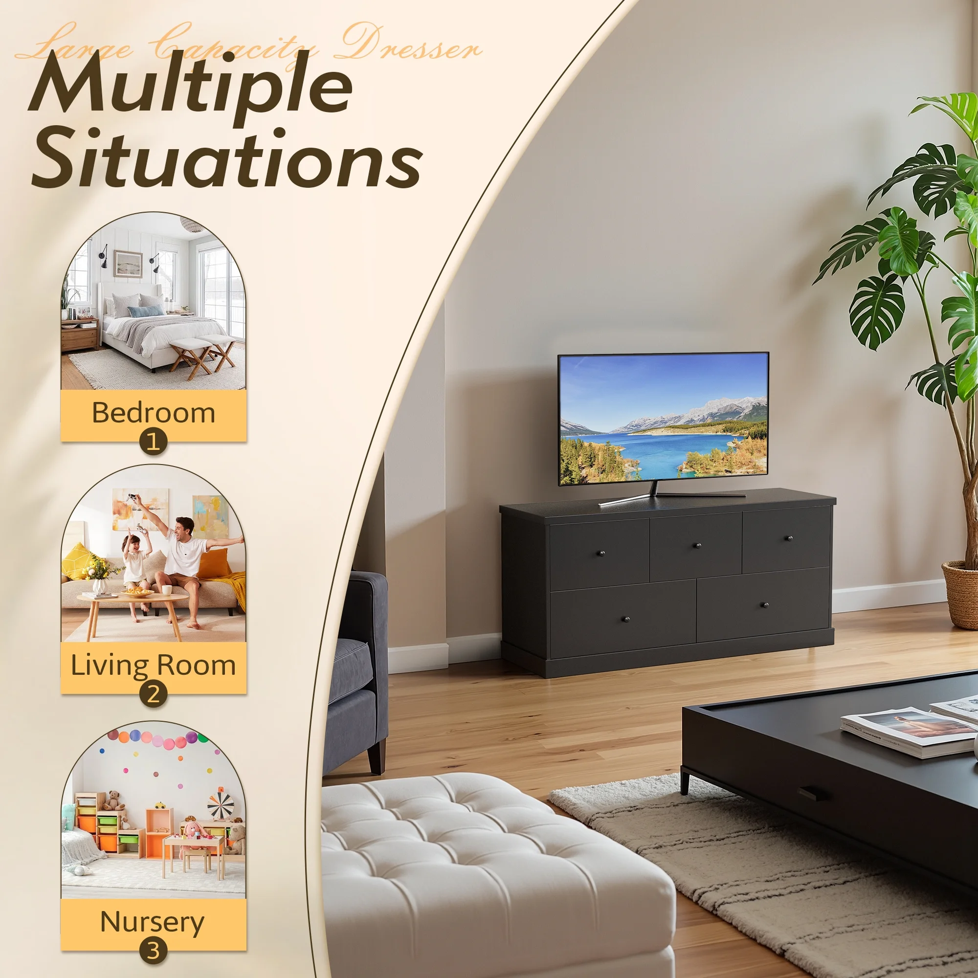 5 Drawer Dresser Wood Storage Cabinet Double Tier Chest of Drawer TV Stand for Bedroom, Living Room, Black(Short/Black) - Image 2