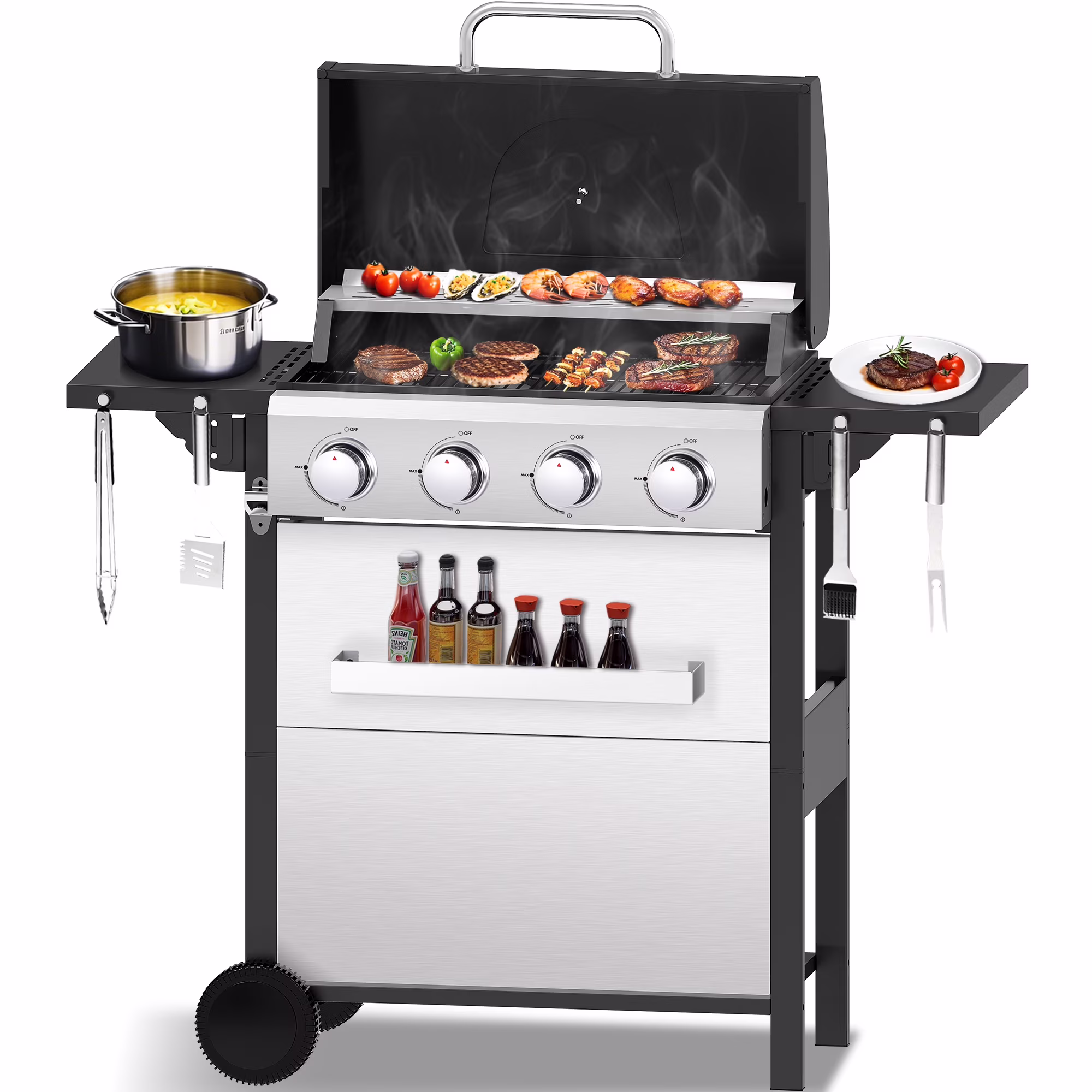 CIG GARDEN-US 4-Burner Propane Gas Grill, Propane Gas BBQ Grill with Porcelain-Enameled Grates,42,000 BTU Powerful Barbecue Grill with 2 Foldable Side Tables for Outdoor Barbecue Cooking