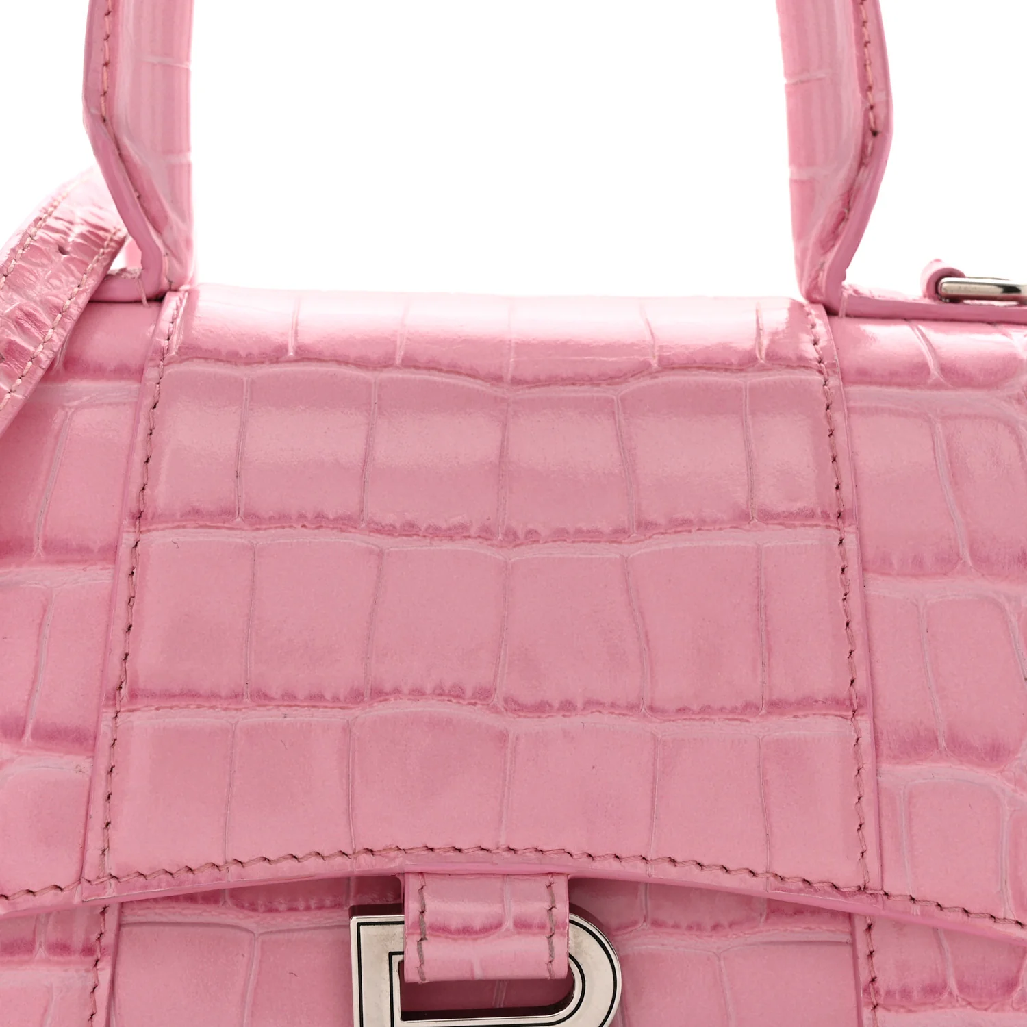 Shiny Calfskin Crocodile Embossed Hourglass Top Handle Bag XS Sweet Pink