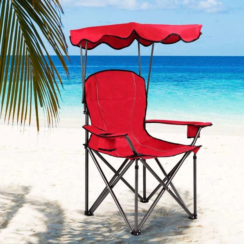 Outdoor Canopy Chair Portable Folding Beach Chair With 2 Cup Holders 600D Pvc Fabric Camping Chair Lawn Chair - Comfortable And Ergonomic Design