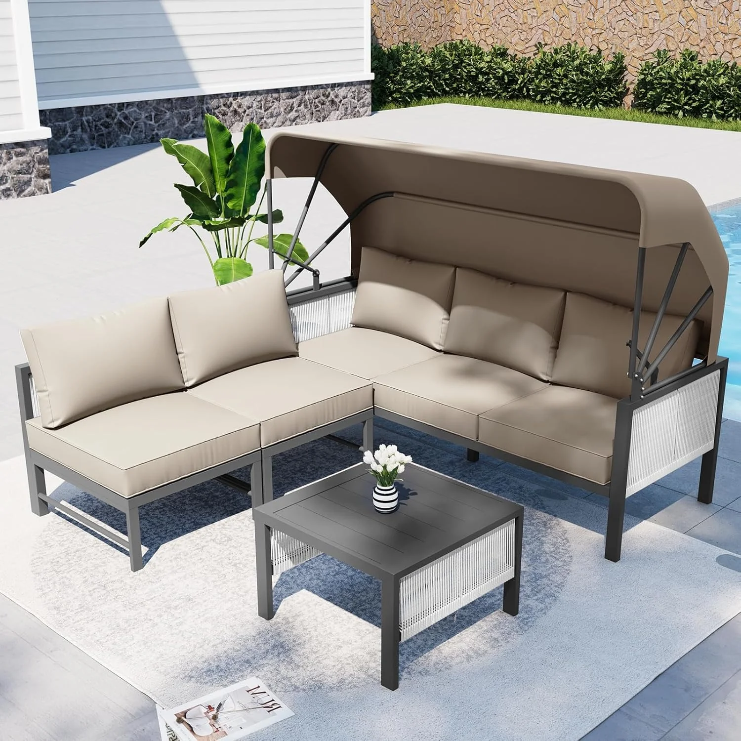 AECOJOY 4 Pieces Patio Furniture Set with Retractable Canopy &Coffee Table, Beige