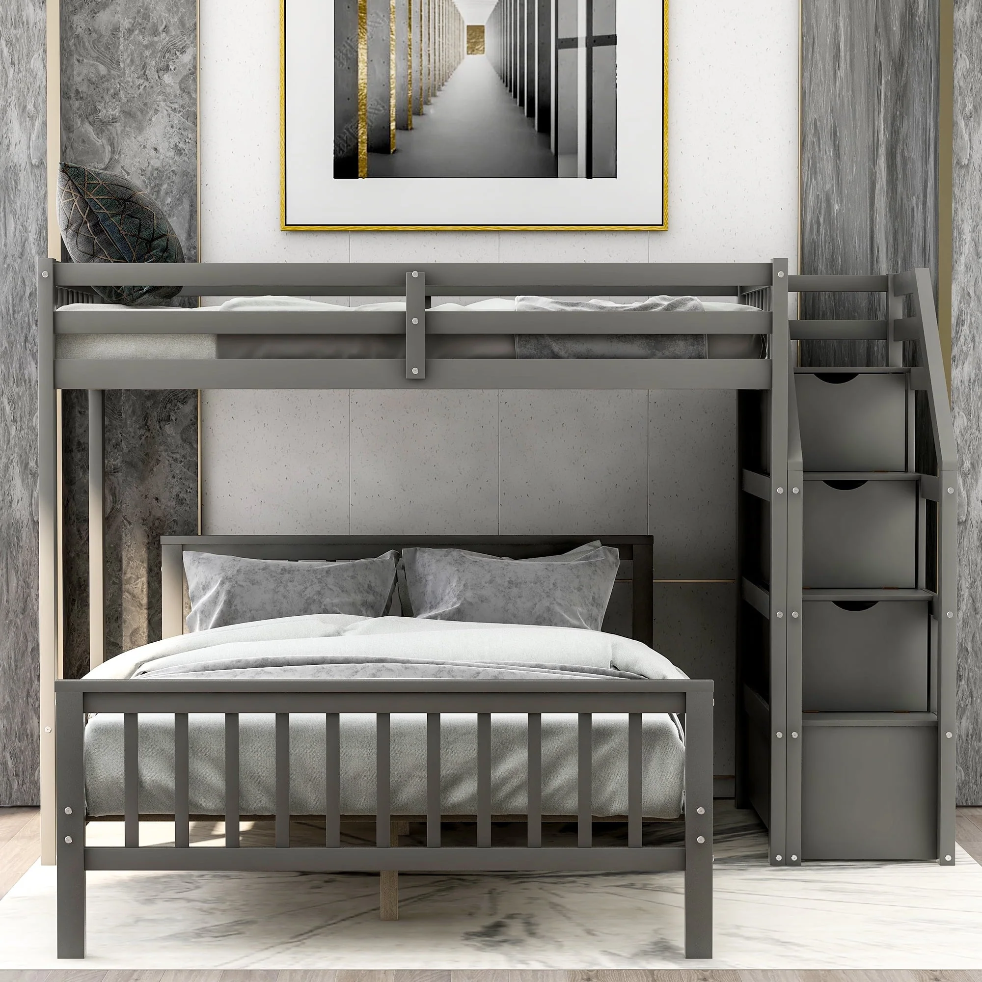 Wood Stairway Twin Loft Bed with Full Platform and Drawer Image 3