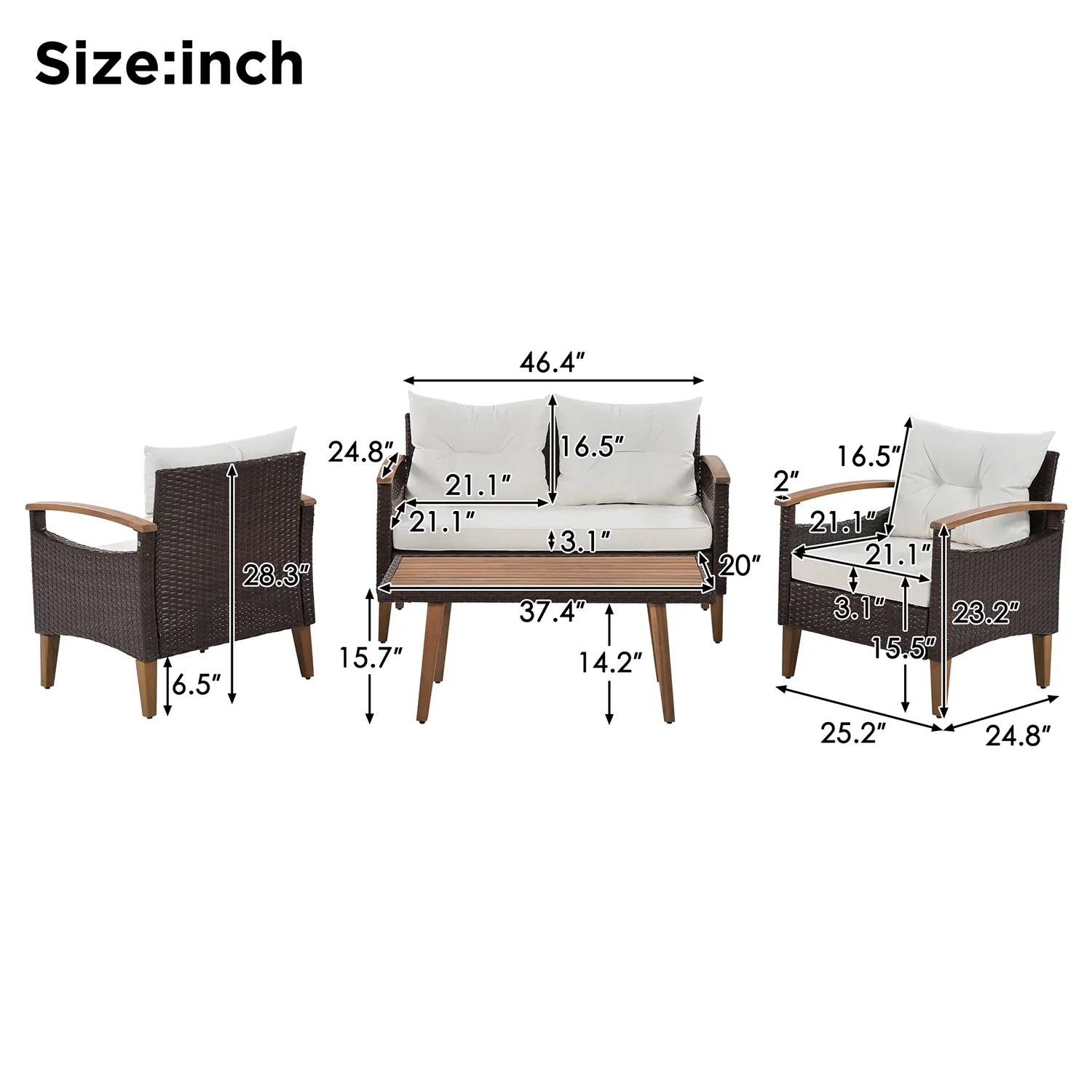 Topcobe Patio Seating Set with Cushions, 4-Piece Garden Furniture, Beige