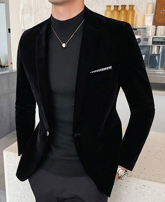 Blazer basique en velours uni à col à revers et poche poitrine