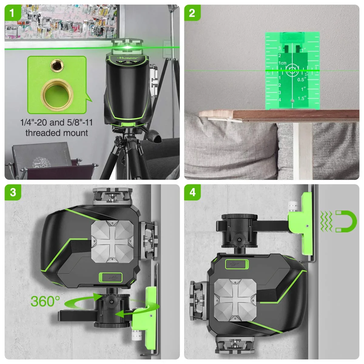 4D 16 Lines Self-Leveling Laser Level, 200Ft Green Beam 4 x 360° Cross Line Laser Level Tools with LCD Screen, Bluetooth and Magnetic Bracket