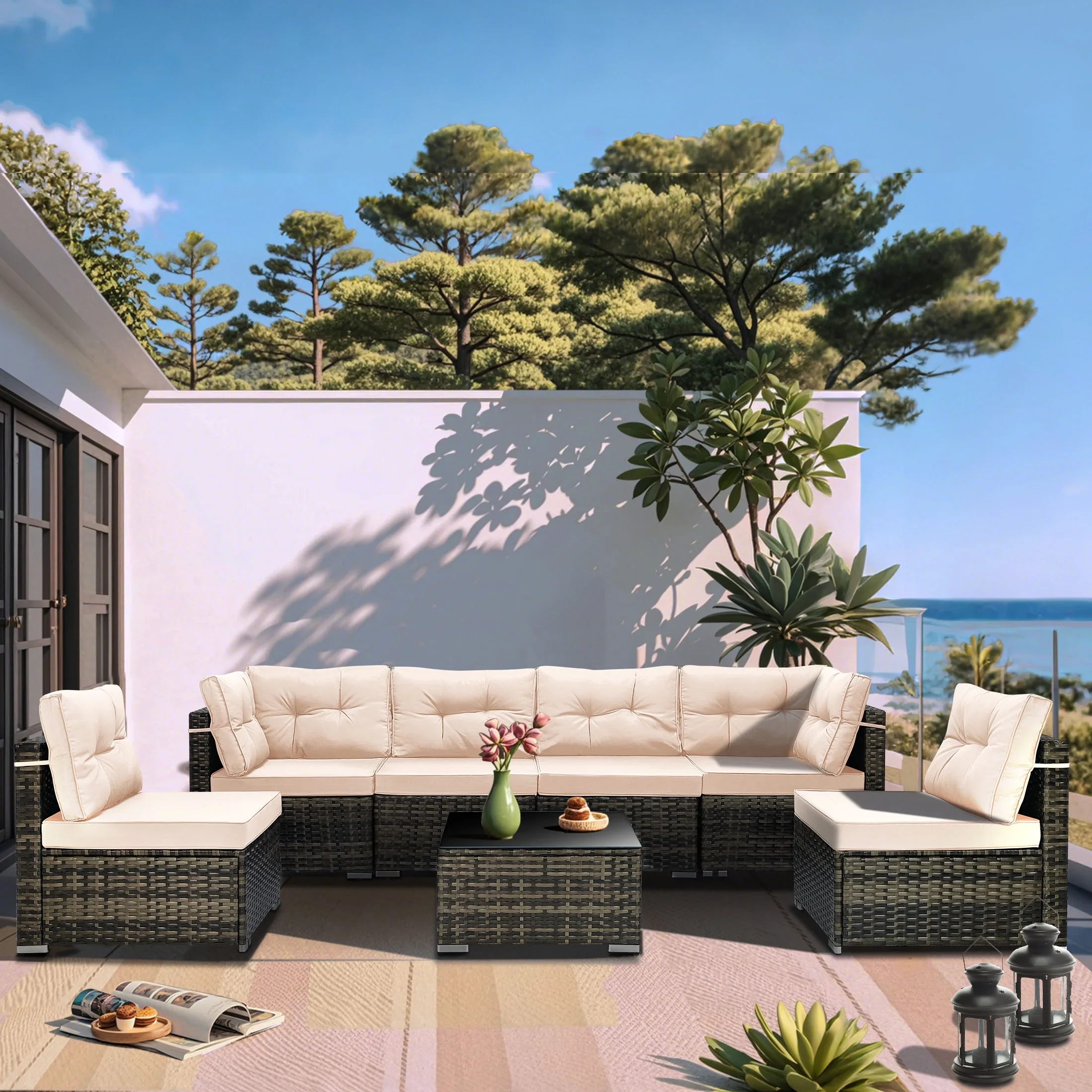 7 Piece Rattan Sectional Sofa Set, Outdoor Conversation Set, All-Weather Wicker Sectional Seating Group with Cushions & Coffee Table, Morden Furniture Couch Set for Patio Deck Garden Pool
