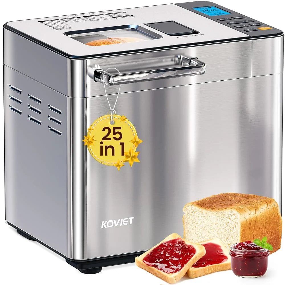 KOVIET 25‑in‑1 Bread Maker Machine, 2LB, Automatic Dual Dispenser, Silver