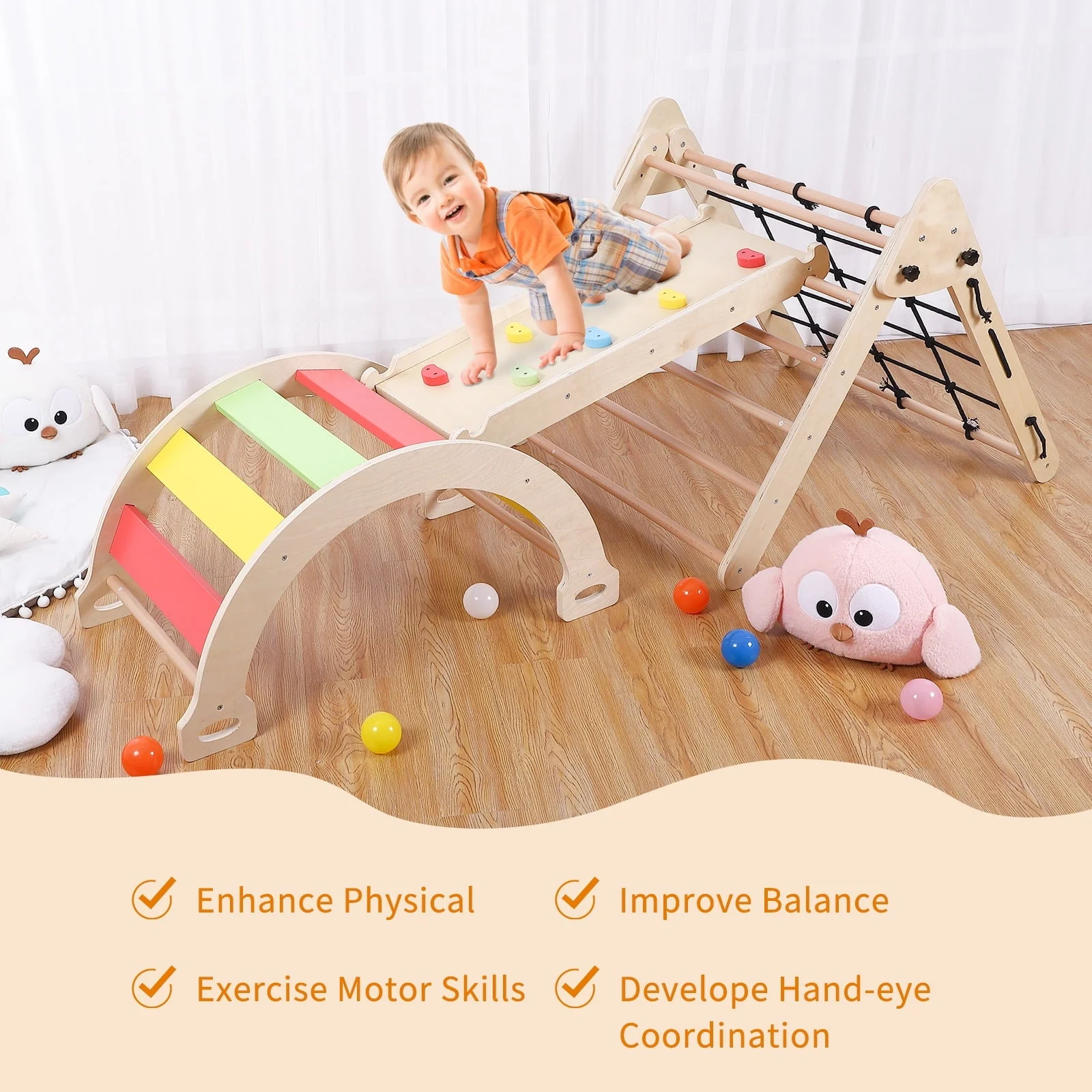 Toddler Indoor Gym Playset 2-in-1 Wooden Climbing Toys Triangle Folding Climbing for Climbing Sliding for Boys and Girls - Image 3