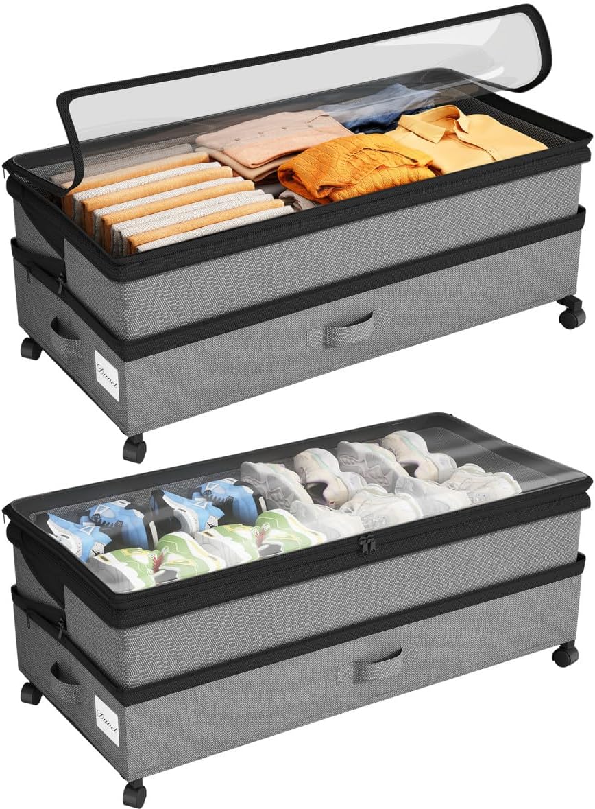 Kitstorack Under Bed Storage with Wheels 2-Pack Height-adjustable Under Bed Storage Containers, Under Bed Shoe Storage Organizer with Clear Window & Label, Suitable for Clothes Storage, Gray