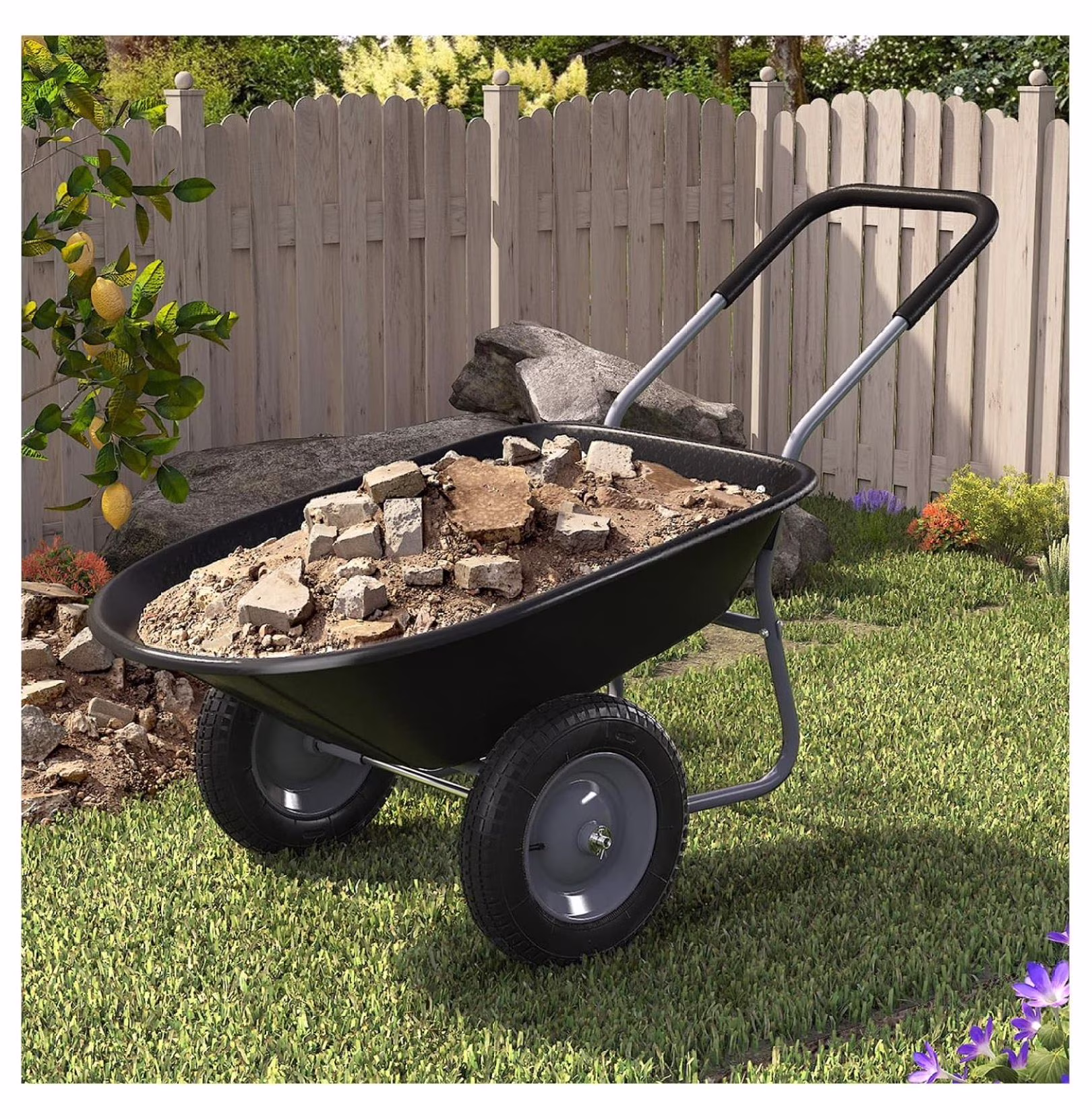 Krikac Enlarged 2 - Wheel Wheelbarrow, Easy Loading and Dumping Garden Cart, Heavy Duty Utility Dump Cart for Outdoor Lawn Yard Farm Ranch, Black