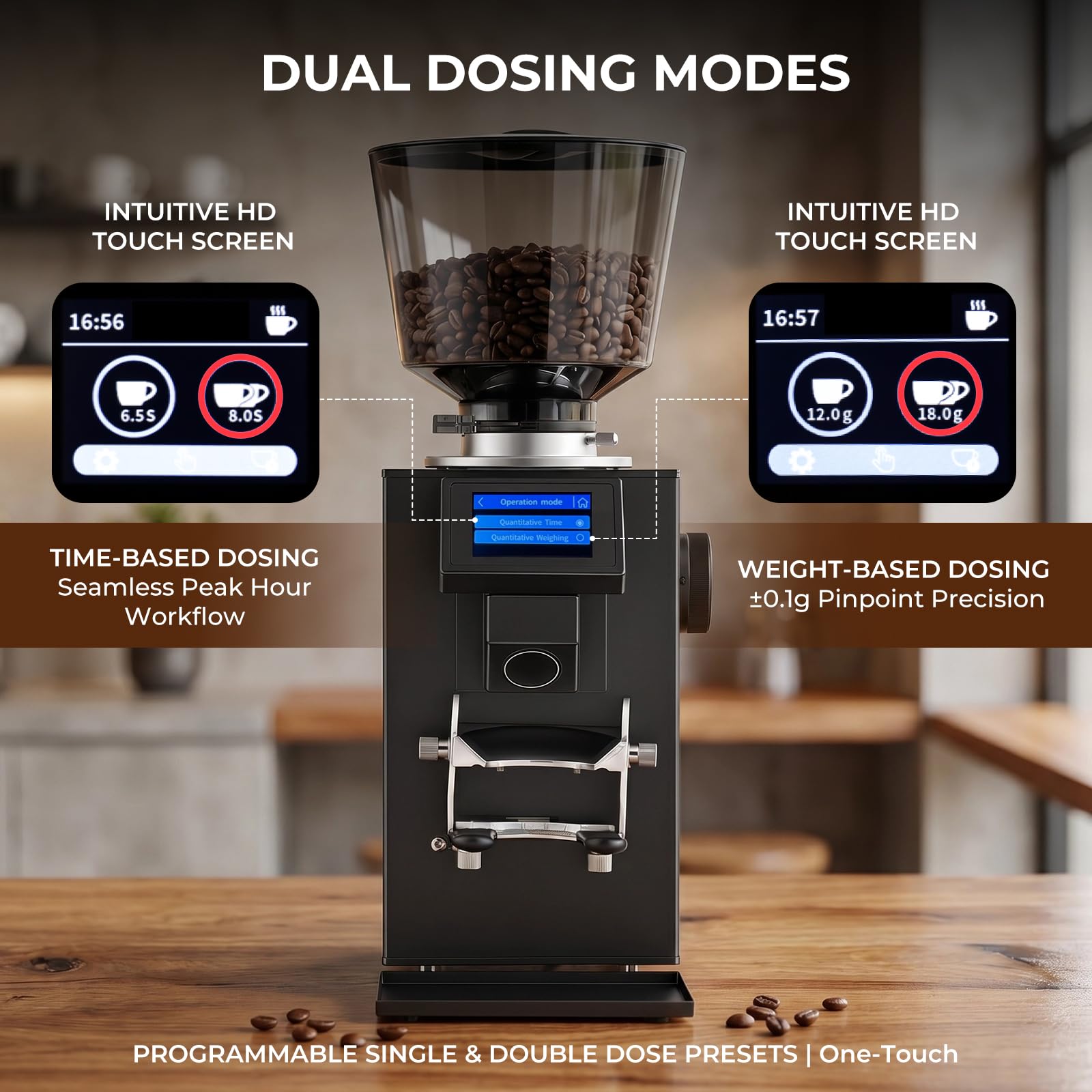 Grind by Weight Commercial Espresso Grinder, 64mm Flat Burr Touchscreen | ±0.1g Precision, Dual Dosing Modes, 14 Grind Settings, 350W Commercial Motor, Fits Portafilters, Easy Clean, for Cafe Use