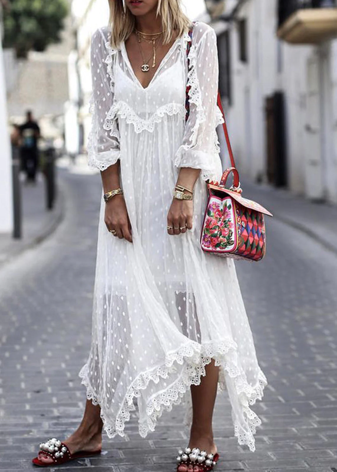 Sophie Paris | Robe longue en jacquard à pois transparents manches longues