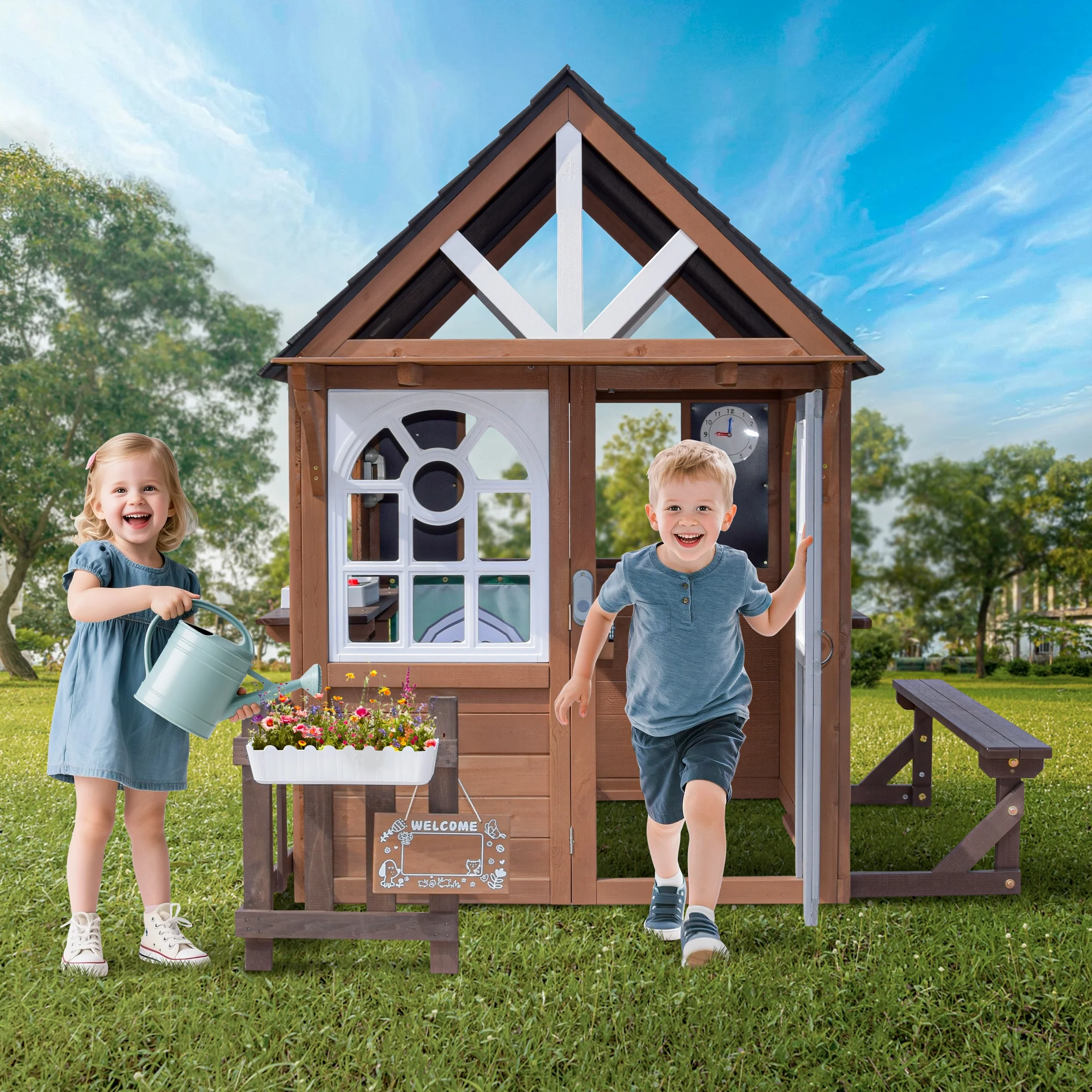 Outdoor Playhouse, Wooden Playhouse for Kids Toddlers, Large Kids Playhouse with Bench/Fence/Kitchen/Door Nameplate/Pretend Phone, Girls Boys Outdoor Toy Gift for Ages 3+, (62.99"W* 67.32"L) - Image 5