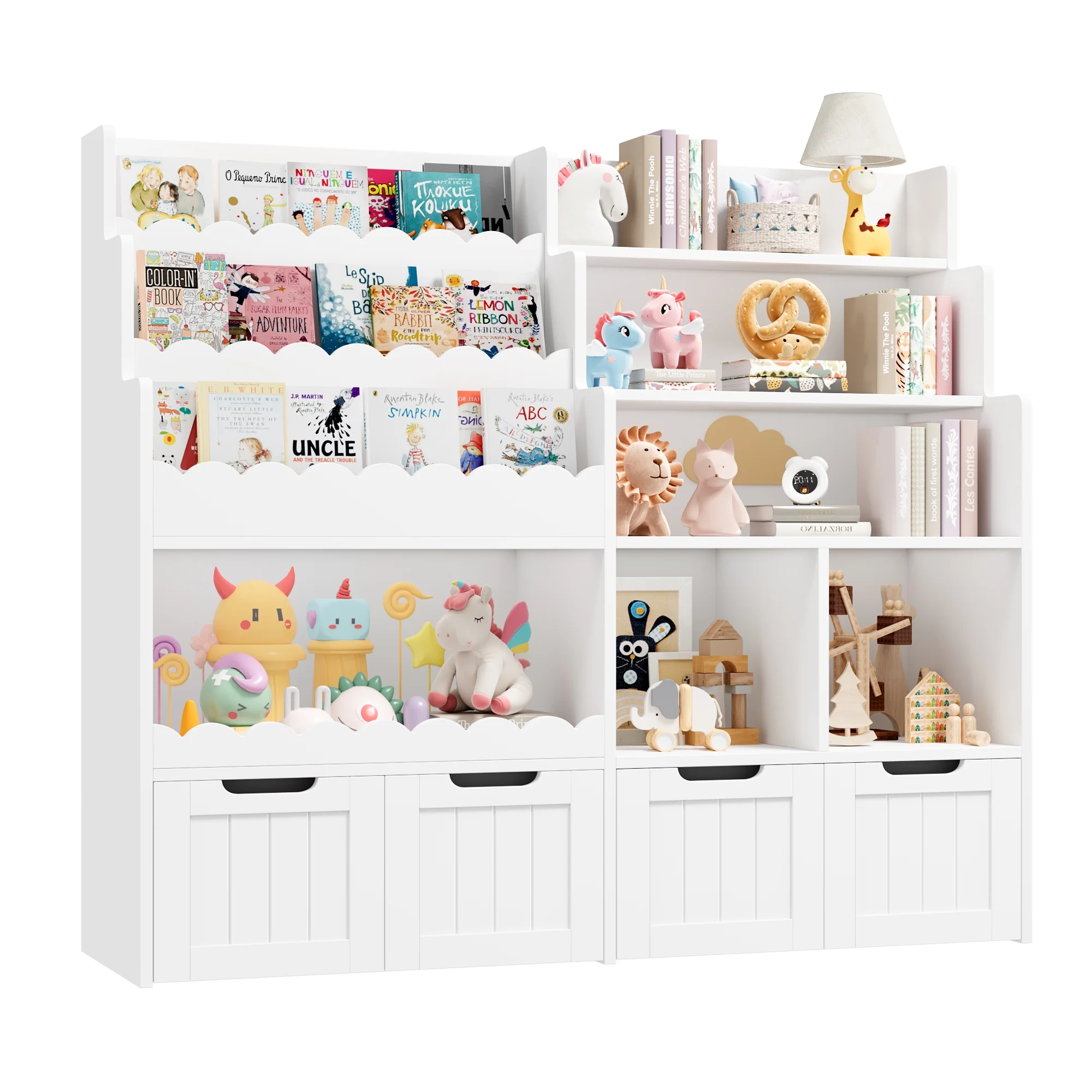 Hiphuta 47"wide Large Kids Bookcase, Wood Bookshelf Toy Storage Organizer with Book Rack & Movable Boxes, White Bookshelf for Kids Room