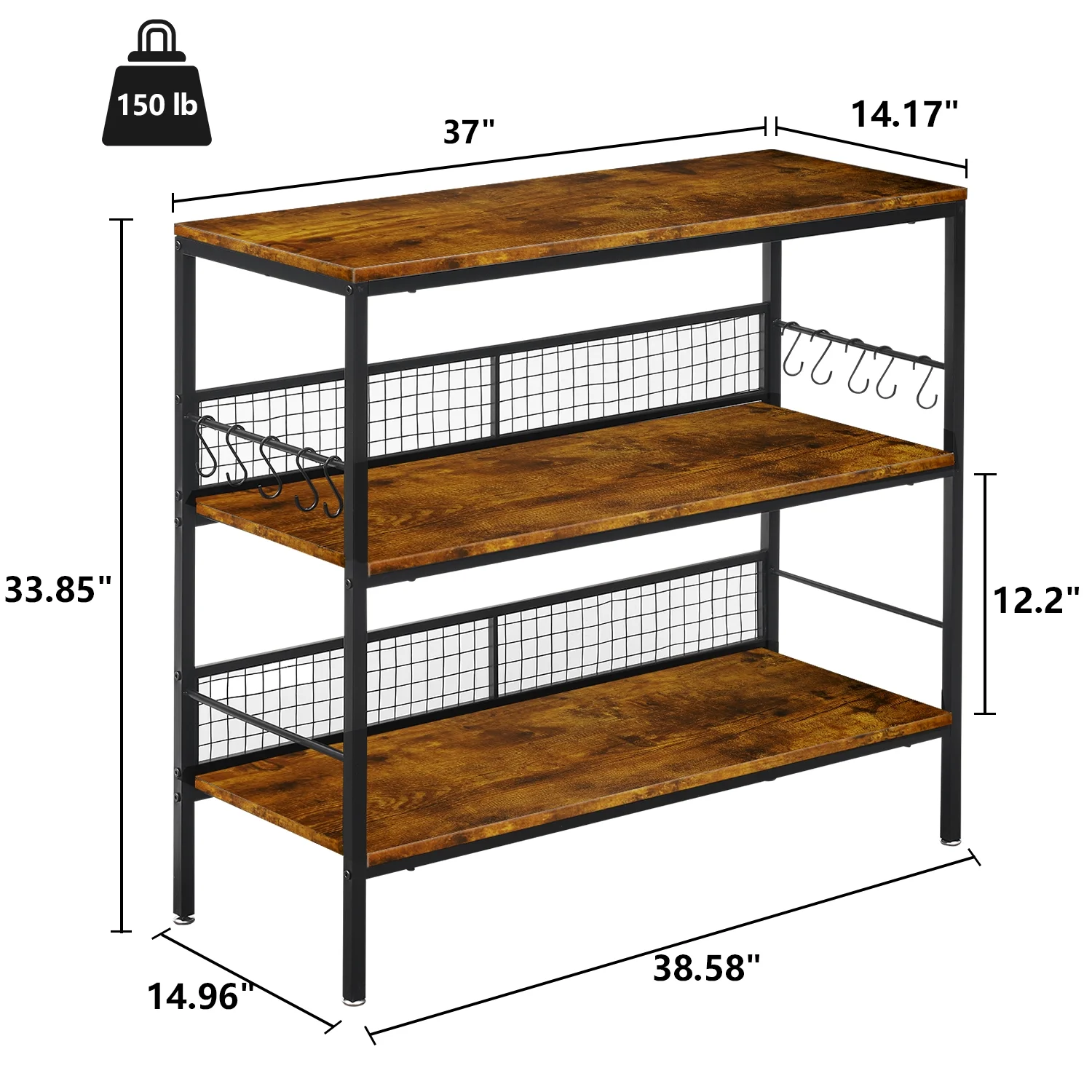 3-Tier Rolling Cart Microwave Stand with 10 Hooks, Coffee Bar Kitchen Storage Rack Organizer, Rustic Brown(Brown) - Image 4