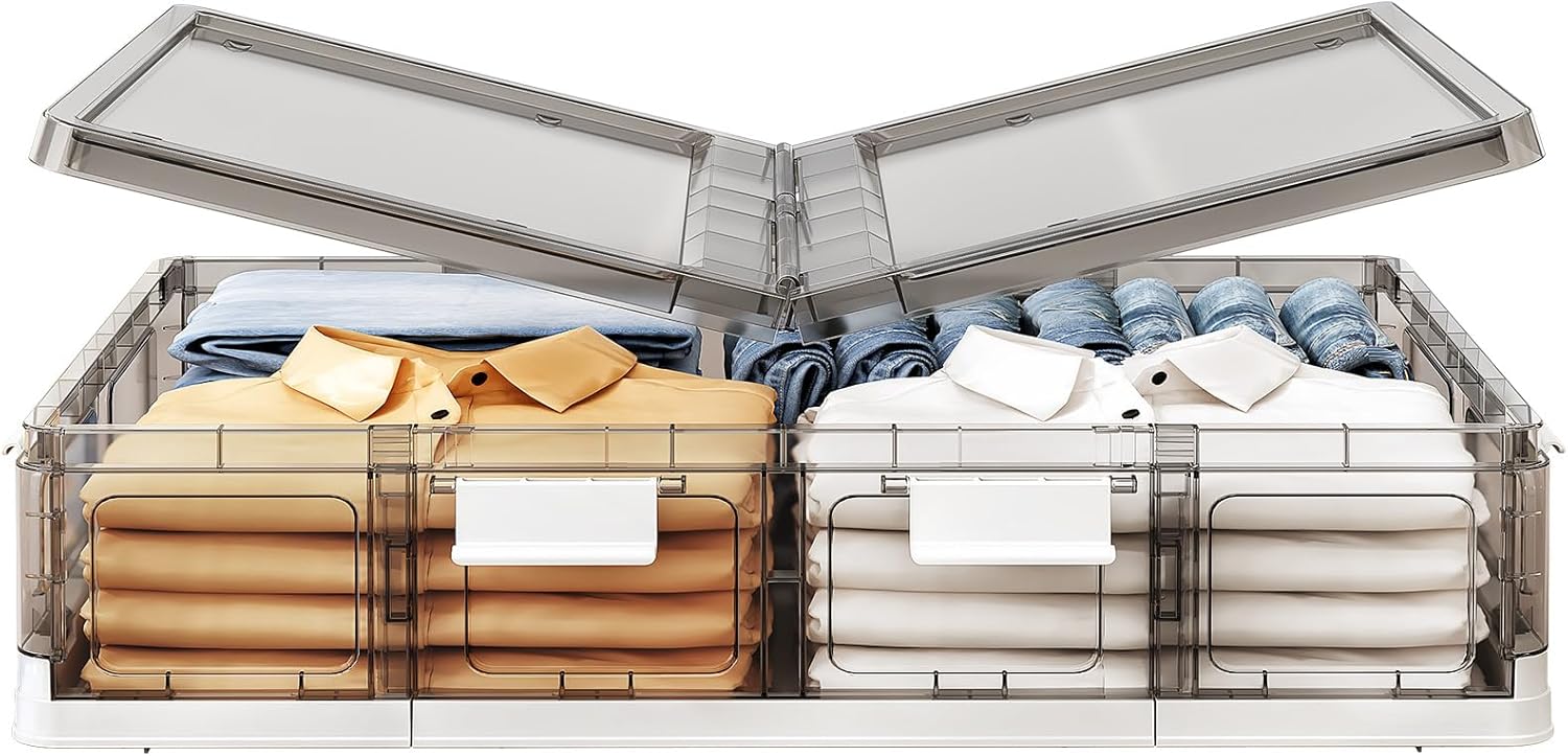 Kitstorack Clear Plastic Under Bed Storage Containers Bins with Lids and 8 Pre-installed Wheels, 37.8 Qt, Rolling Foldable Flat Under Bed Organizer Boxes for Clothes, Shoes, Clothing, Bedroom